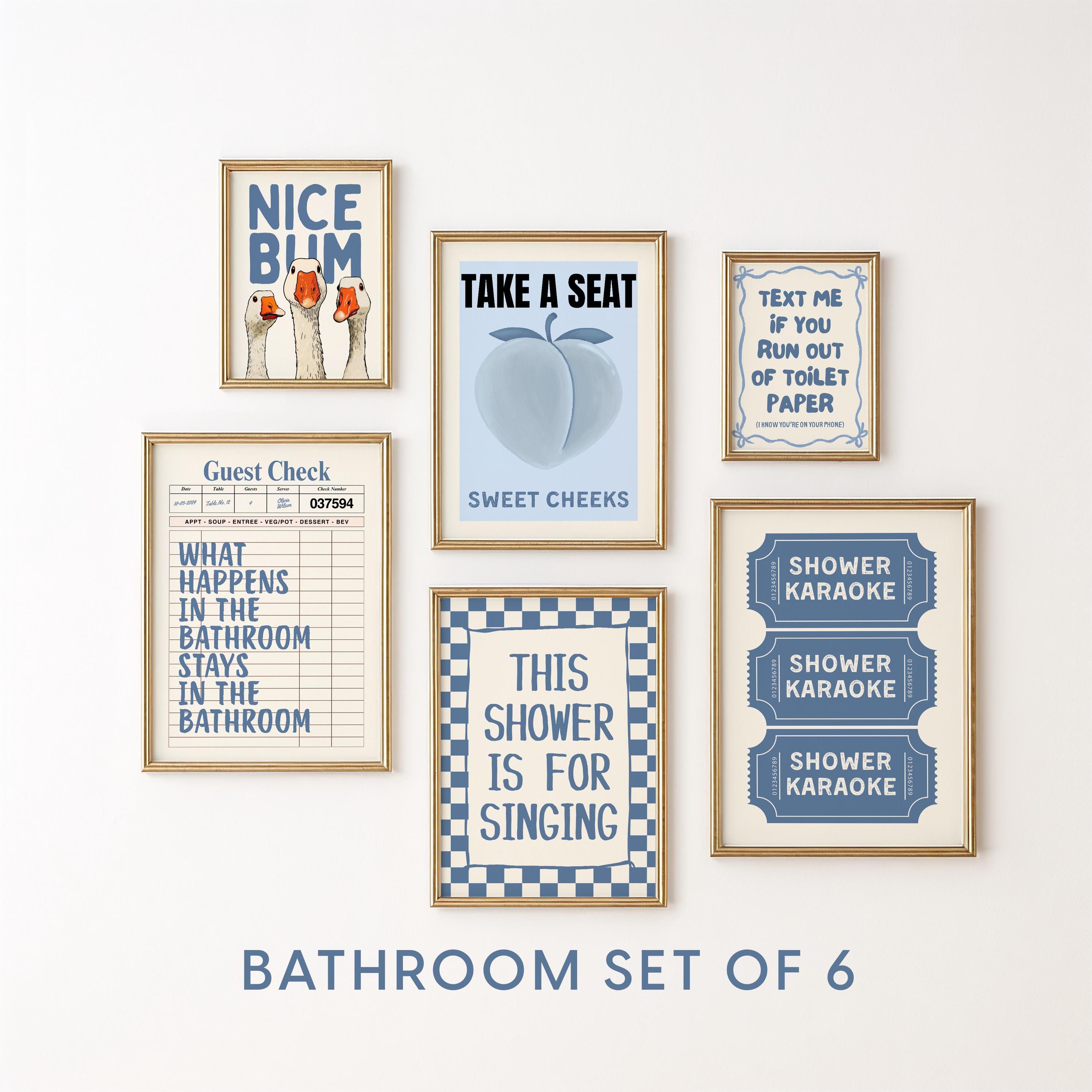 Blue Bathroom Wall Art Set of 6, Funny Bathroom Prints, Coastal Bathroom Decor, Eclectic Bathroom Posters, Vintage Bathroom Art, Goose Print