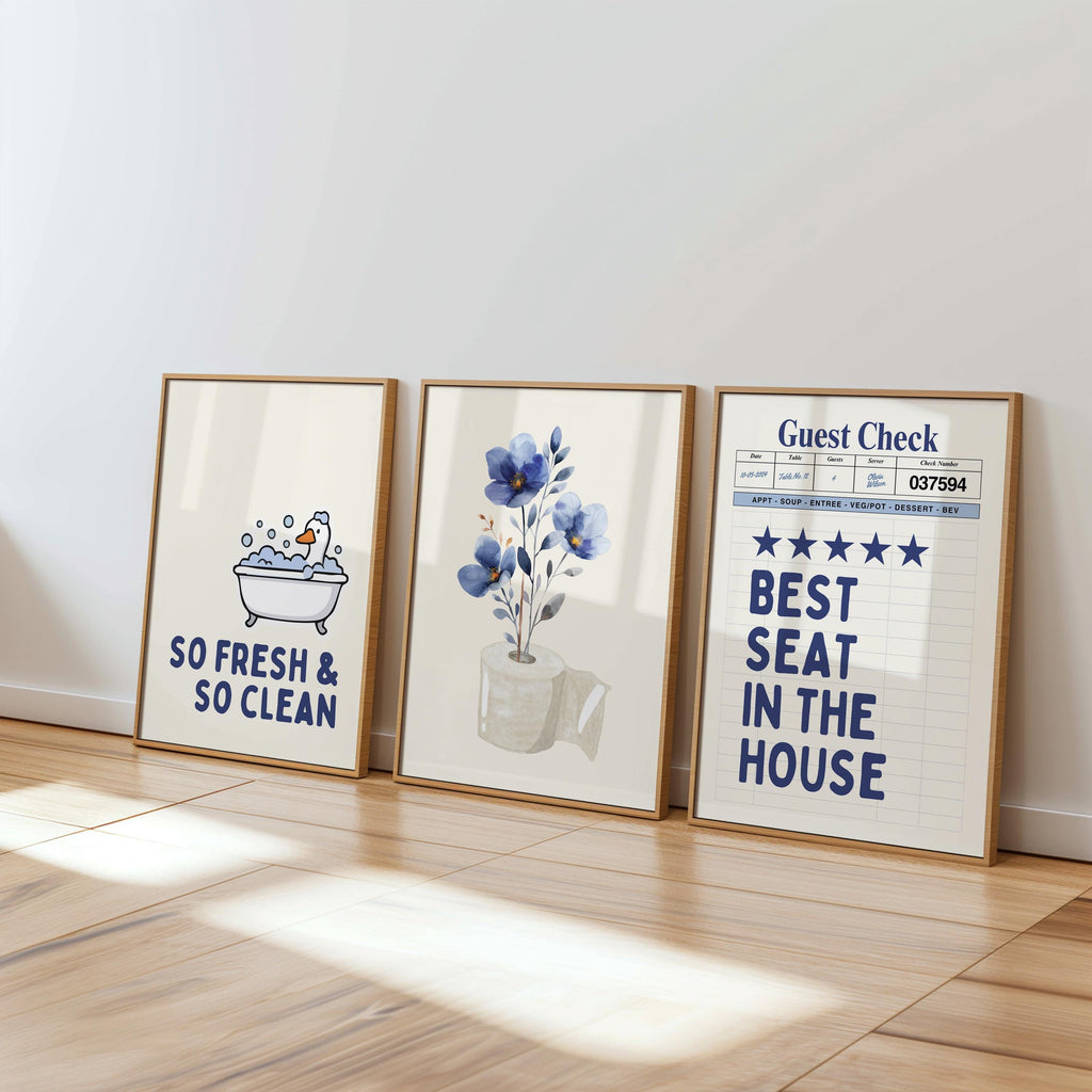 Navy Bathroom Wall Art Set of 9, Funny Bathroom Decor Prints, Eclectic Bathroom Gallery Wall, Goose Bathroom Poster, Vintage Bathroom Art