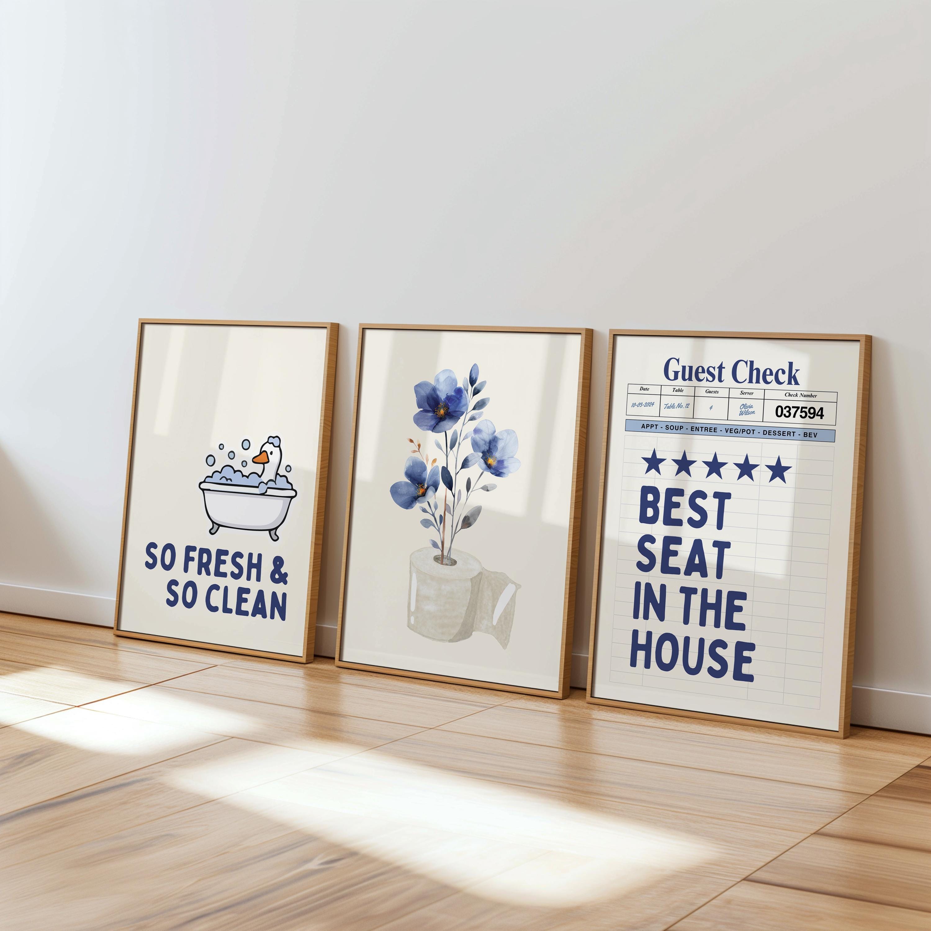 Navy Bathroom Wall Art Set of 9, Funny Bathroom Decor Prints, Eclectic Bathroom Gallery Wall, Goose Bathroom Poster, Vintage Bathroom Art
