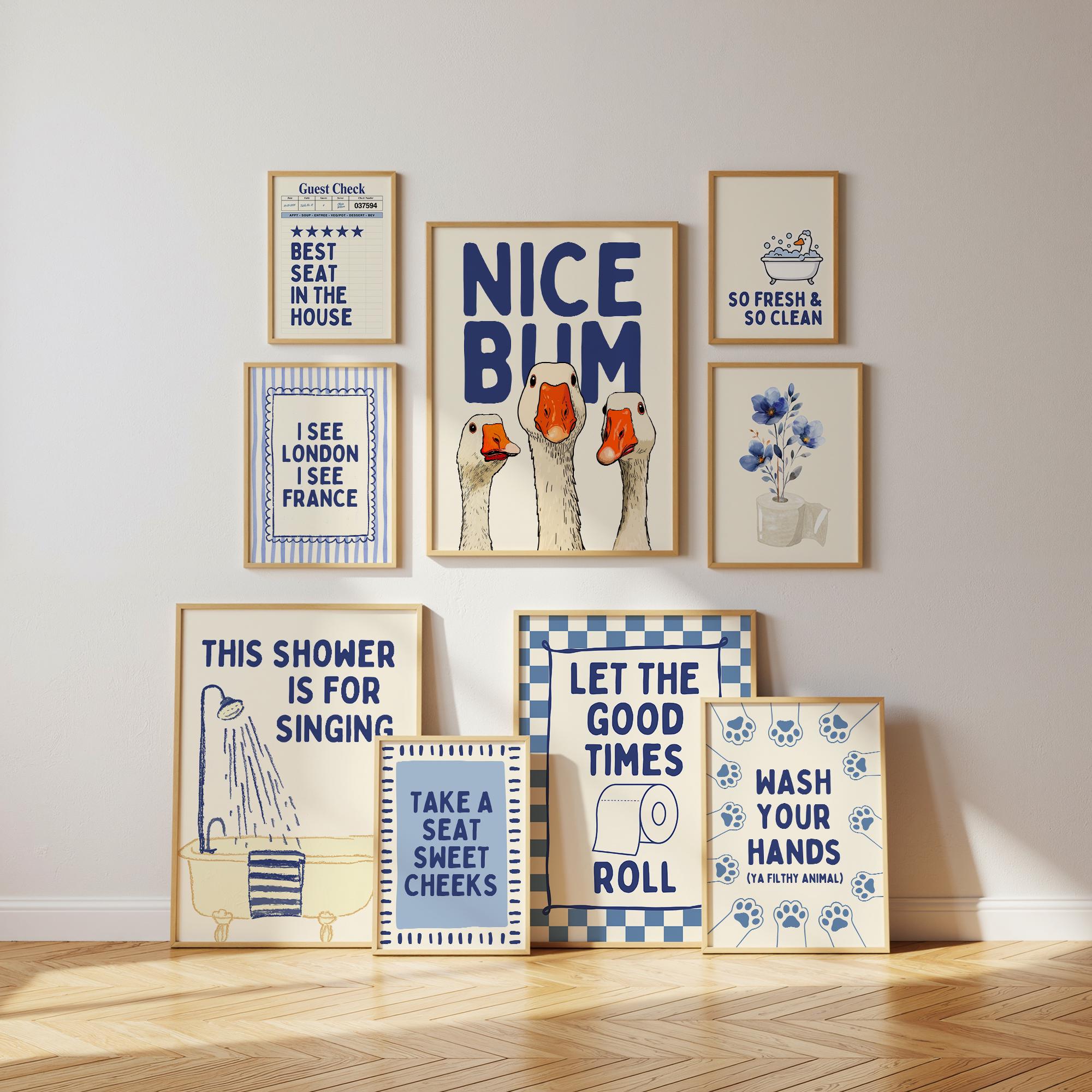 Navy Bathroom Wall Art Set of 9, Funny Bathroom Decor Prints, Eclectic Bathroom Gallery Wall, Goose Bathroom Poster, Vintage Bathroom Art