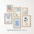 Blue Bathroom Wall Art Set of 6, Funny Coastal Bathroom Decor, Farmhouse Toilet Prints, Cute Guest Bathroom Poster Bundle, Trendy Prints
