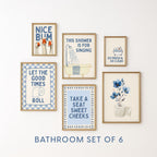 Blue Bathroom Wall Art Set of 6, Funny Coastal Bathroom Decor, Farmhouse Toilet Prints, Cute Guest Bathroom Poster Bundle, Trendy Prints