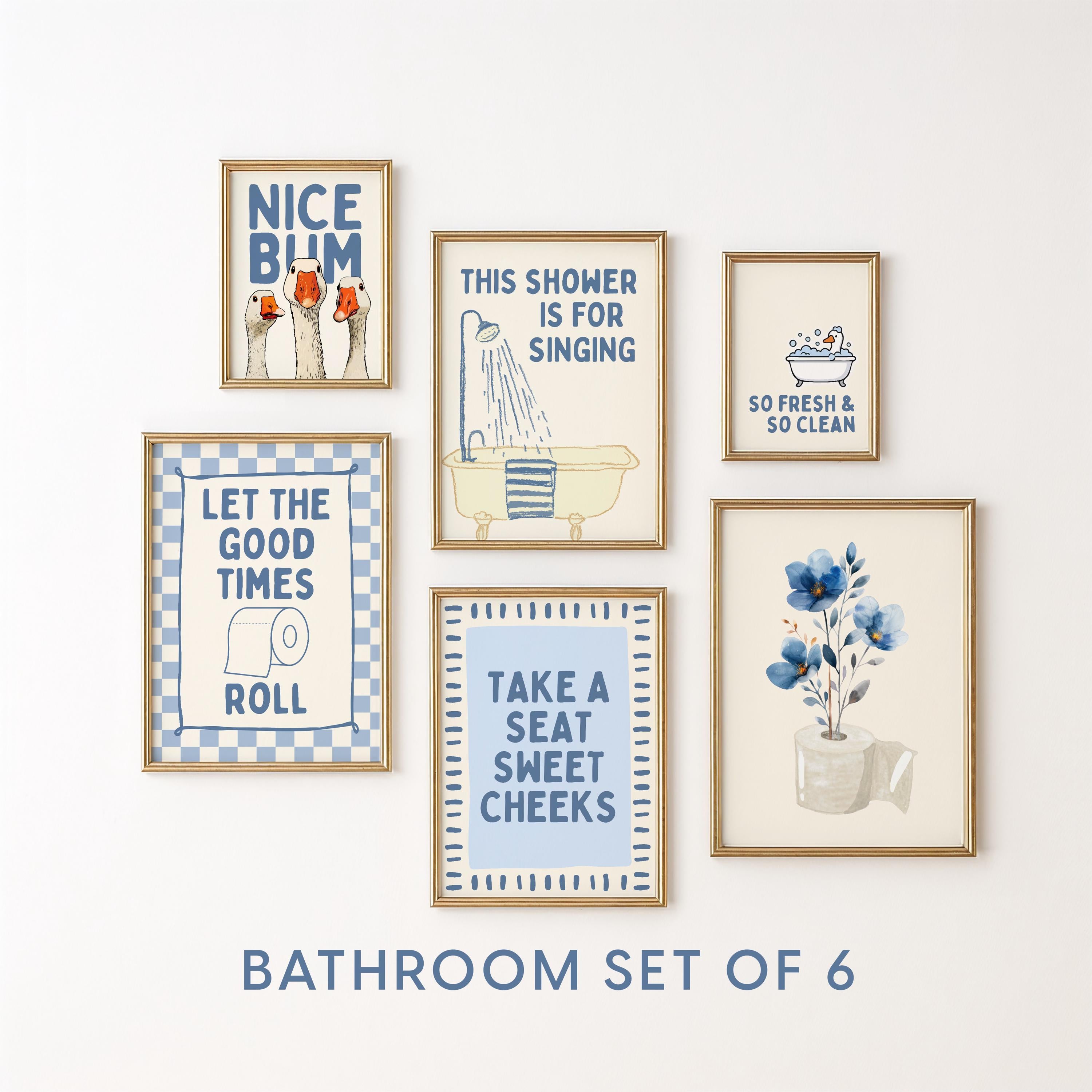 Blue Bathroom Wall Art Set of 6, Funny Coastal Bathroom Decor, Farmhouse Toilet Prints, Cute Guest Bathroom Poster Bundle, Trendy Prints