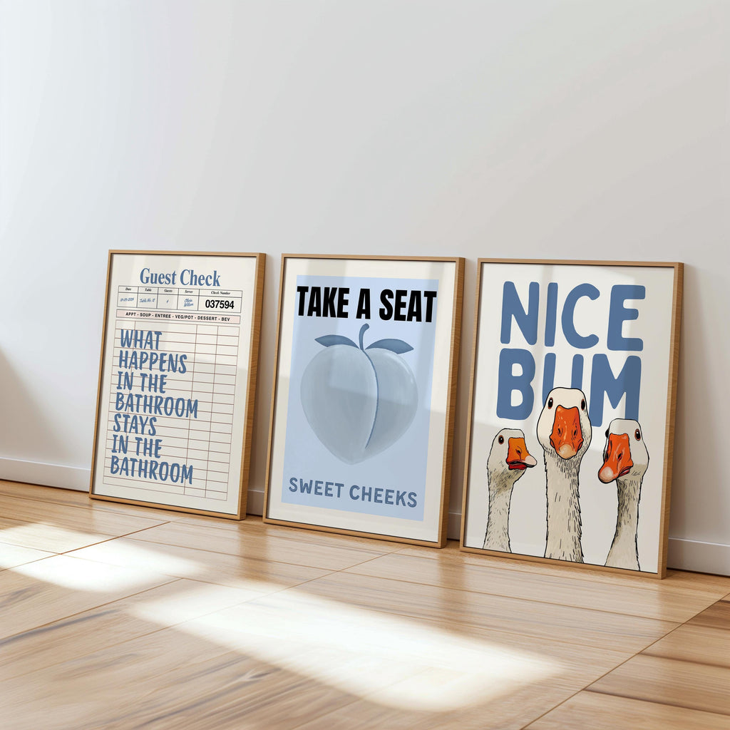 Blue Bathroom Wall Art Set of 6, Funny Bathroom Prints, Coastal Bathroom Decor, Eclectic Bathroom Posters, Vintage Bathroom Art, Goose Print