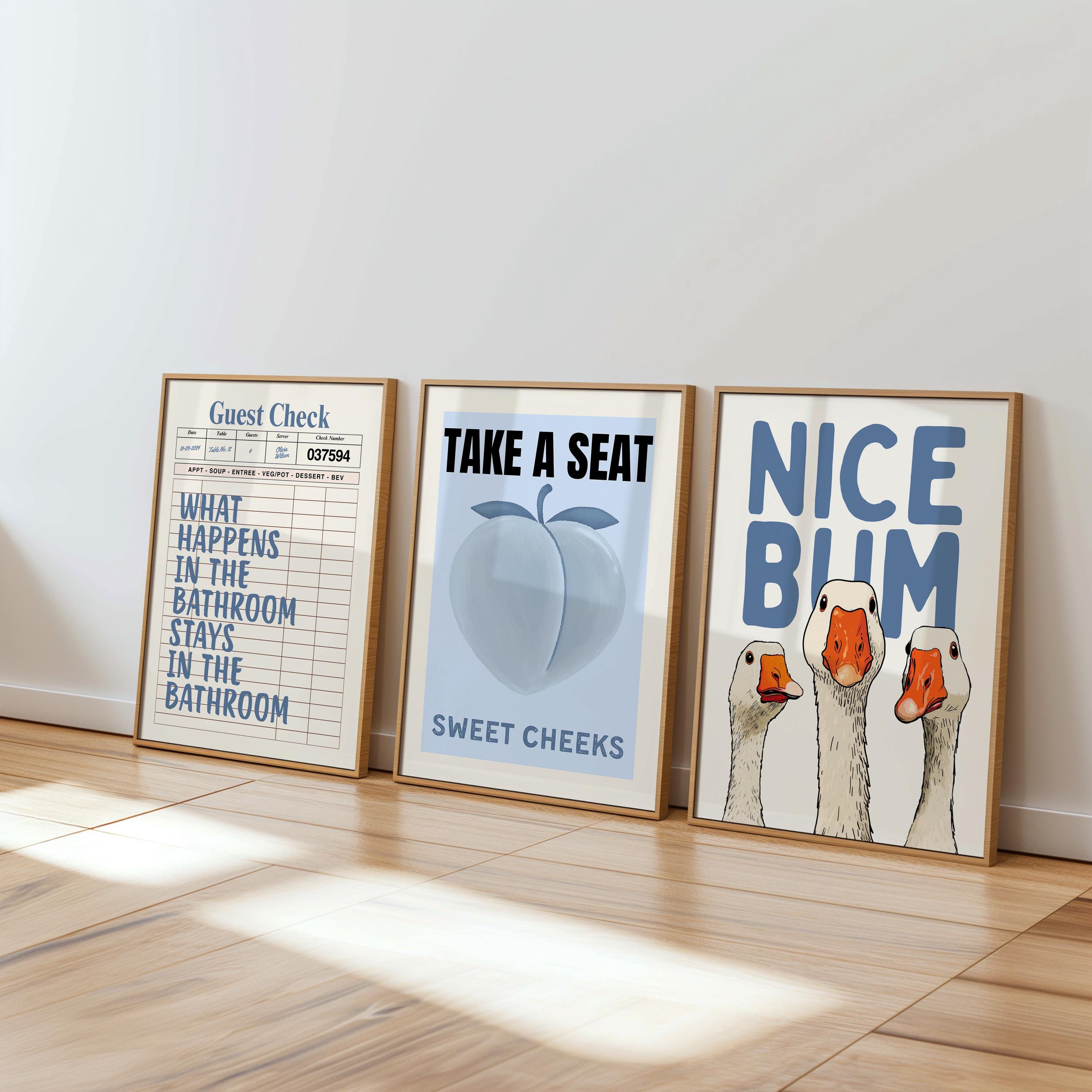Blue Bathroom Wall Art Set of 6, Funny Bathroom Prints, Coastal Bathroom Decor, Eclectic Bathroom Posters, Vintage Bathroom Art, Goose Print