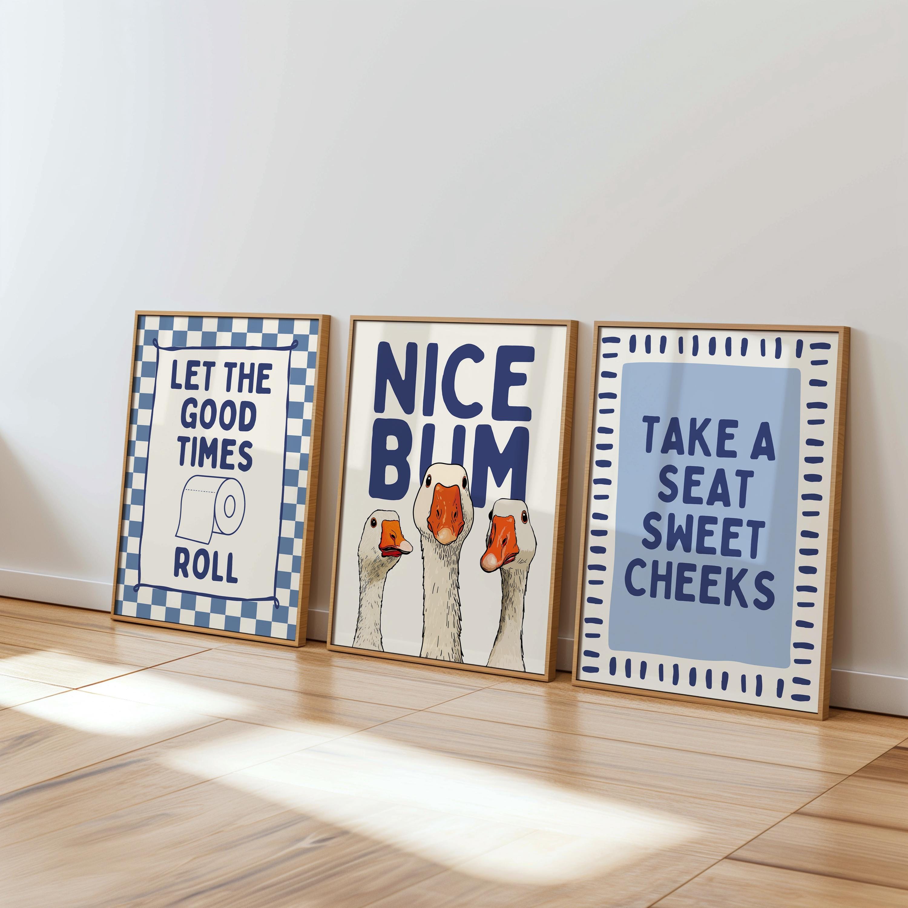 Navy Bathroom Wall Art Set of 9, Funny Bathroom Decor Prints, Eclectic Bathroom Gallery Wall, Goose Bathroom Poster, Vintage Bathroom Art