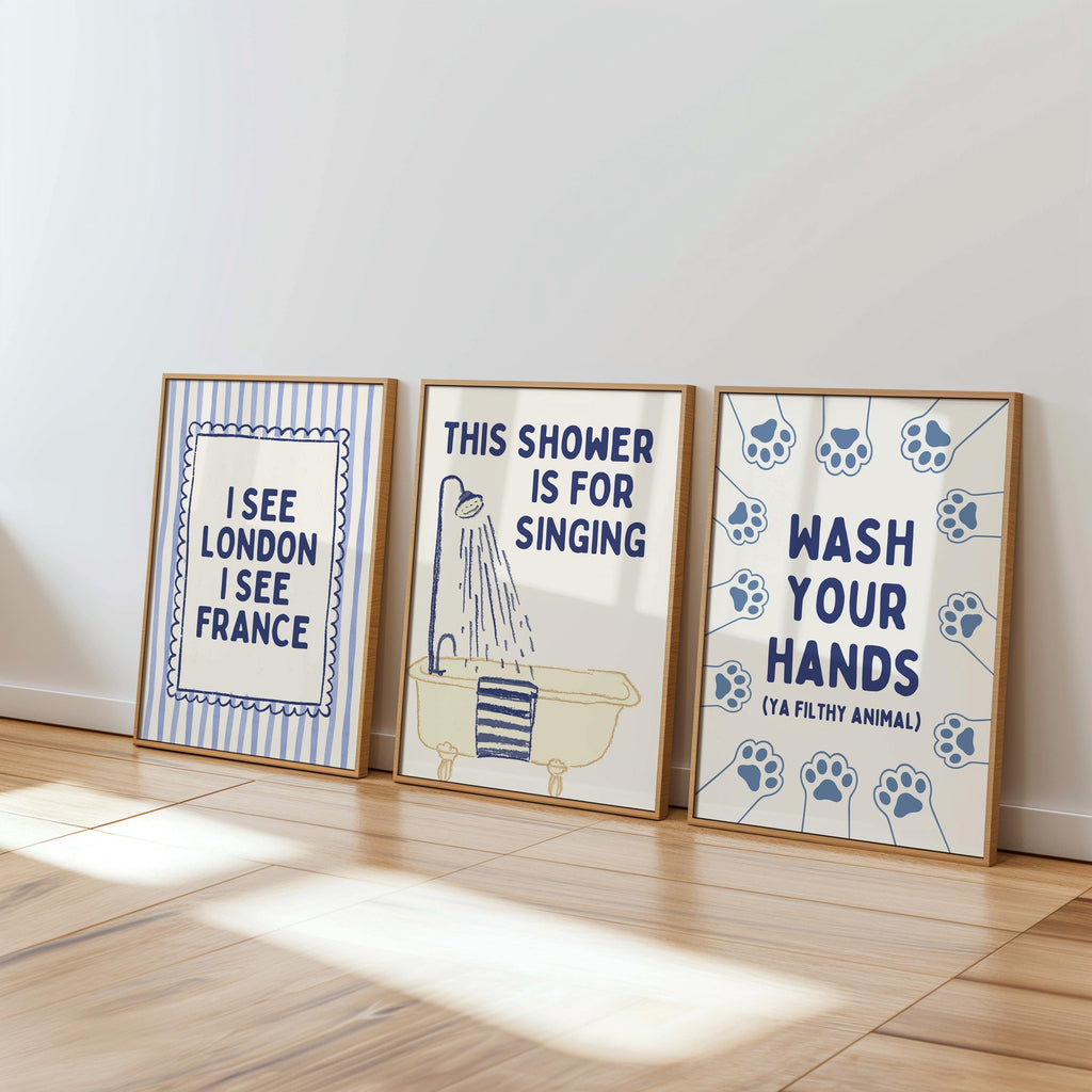 Navy Bathroom Wall Art Set of 9, Funny Bathroom Decor Prints, Eclectic Bathroom Gallery Wall, Goose Bathroom Poster, Vintage Bathroom Art