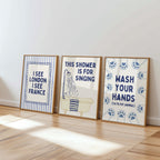 Navy Bathroom Wall Art Set of 9, Funny Bathroom Decor Prints, Eclectic Bathroom Gallery Wall, Goose Bathroom Poster, Vintage Bathroom Art