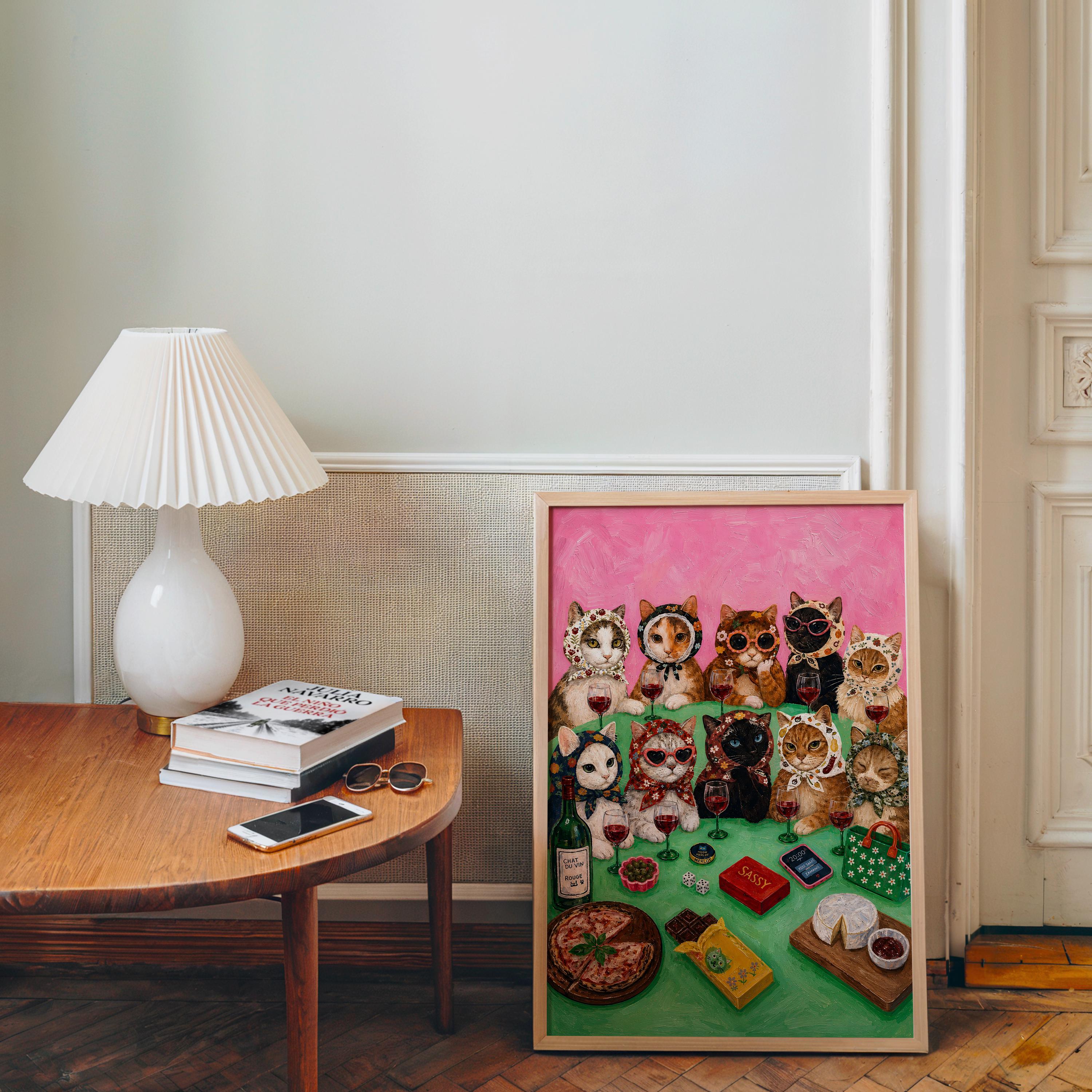 Sassy Cat Wine Party Wall Art, Funny Cat Painting, Maximalist Coquette Decor, Girls Night Cat Poster, Pink Gallery Wall Art, Trendy Print