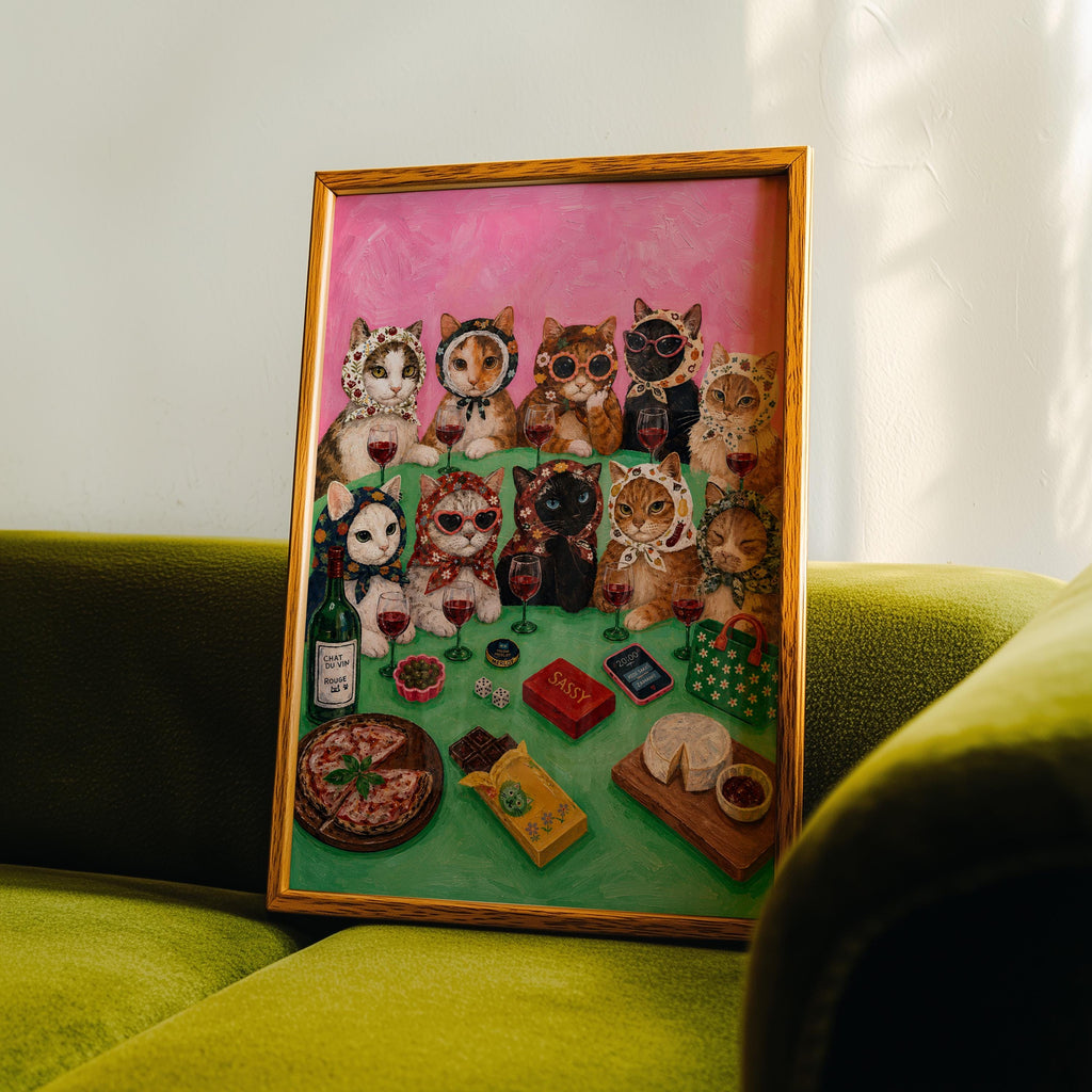 Sassy Cat Wine Party Wall Art, Funny Cat Painting, Maximalist Coquette Decor, Girls Night Cat Poster, Pink Gallery Wall Art, Trendy Print