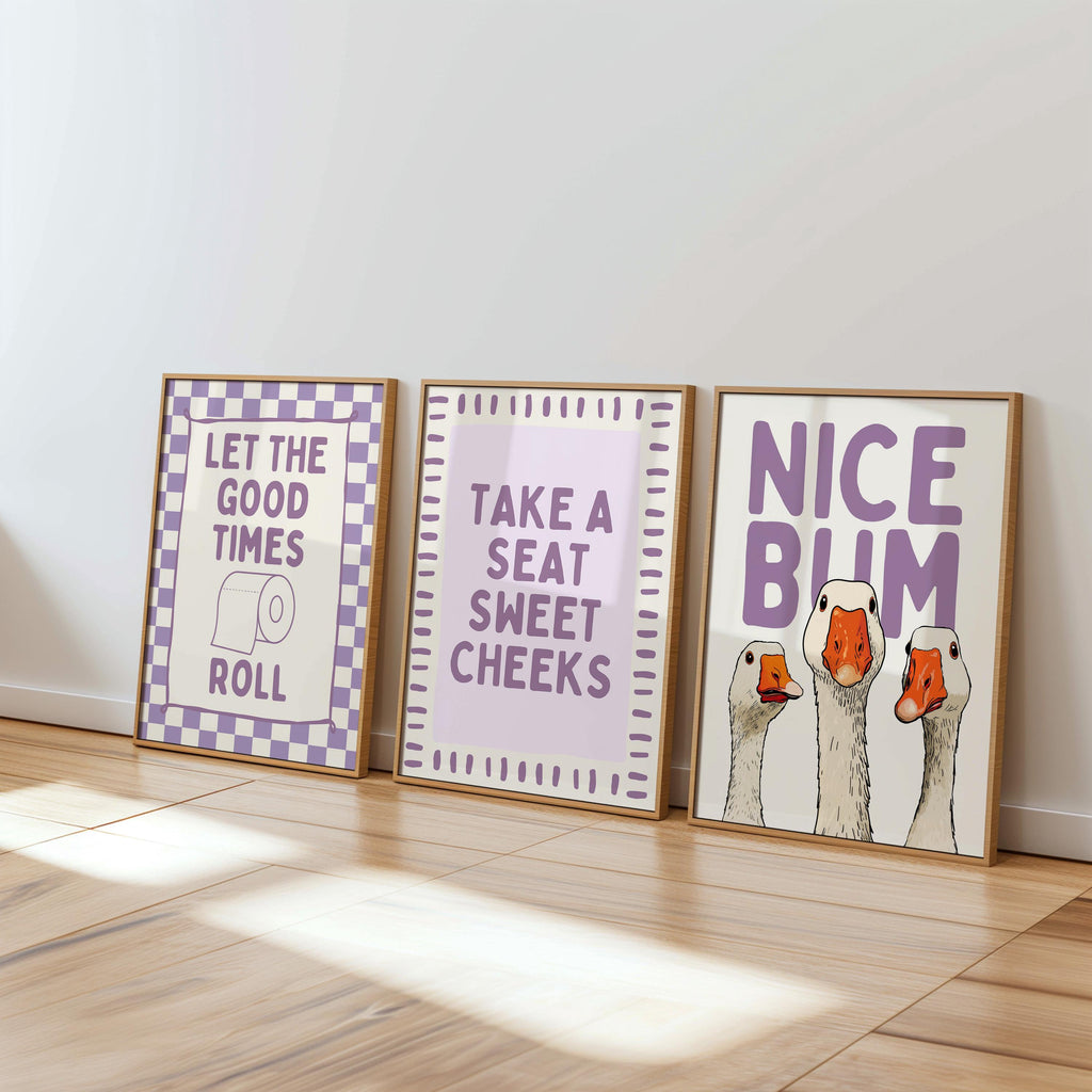 Funny Bathroom Wall Art Set of 6, Nice Bum Goose Print, Purple Bathroom Decor, Farmhouse Bathroom Signs, Lavender Printable Wall Art