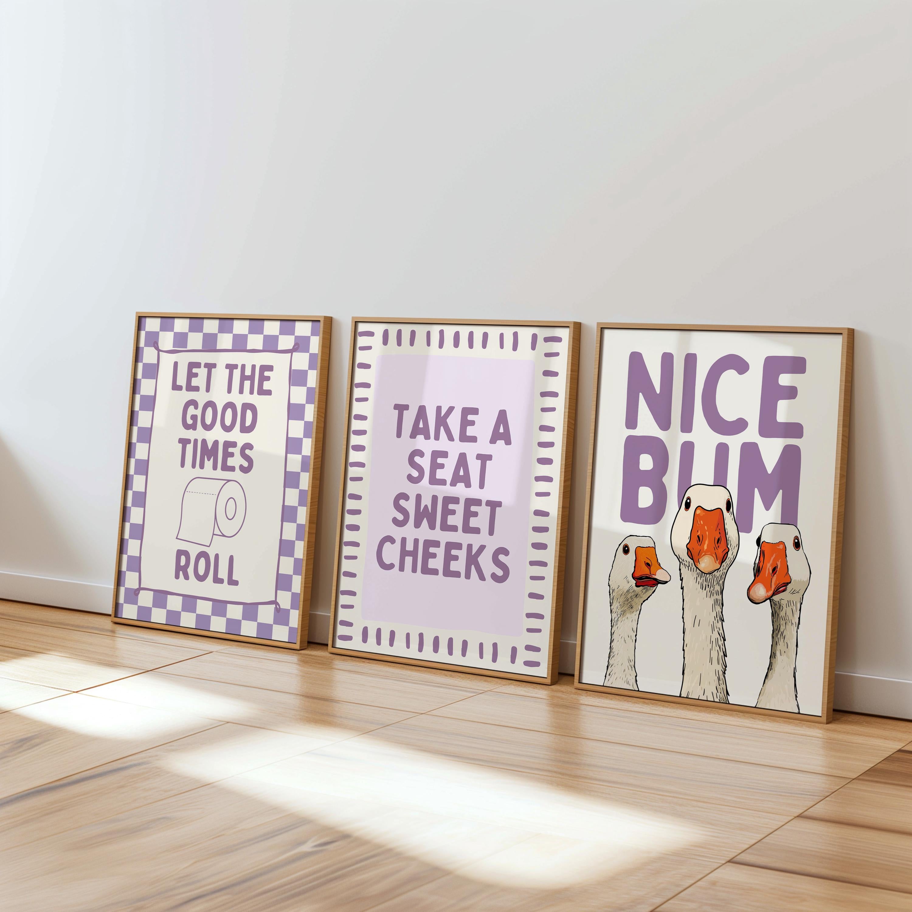 Funny Bathroom Wall Art Set of 6, Nice Bum Goose Print, Purple Bathroom Decor, Farmhouse Bathroom Signs, Lavender Printable Wall Art