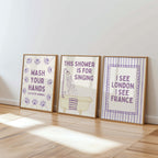 Funny Bathroom Wall Art Set of 9, Nice Bum Goose Print, Lavender Bathroom Decor, Purple Bathroom Signs, Printable Bathroom Gallery Set