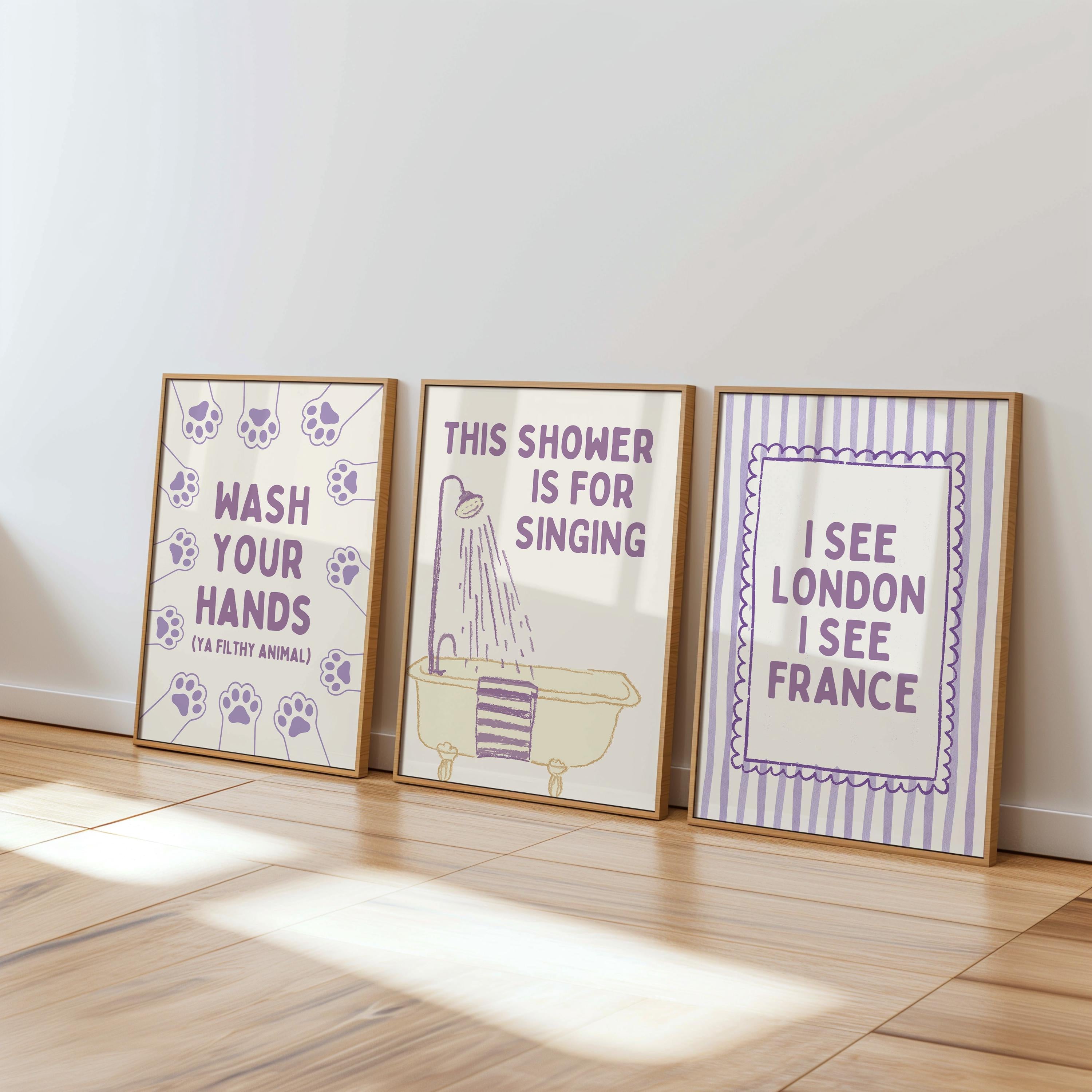 Funny Bathroom Wall Art Set of 9, Nice Bum Goose Print, Lavender Bathroom Decor, Purple Bathroom Signs, Printable Bathroom Gallery Set