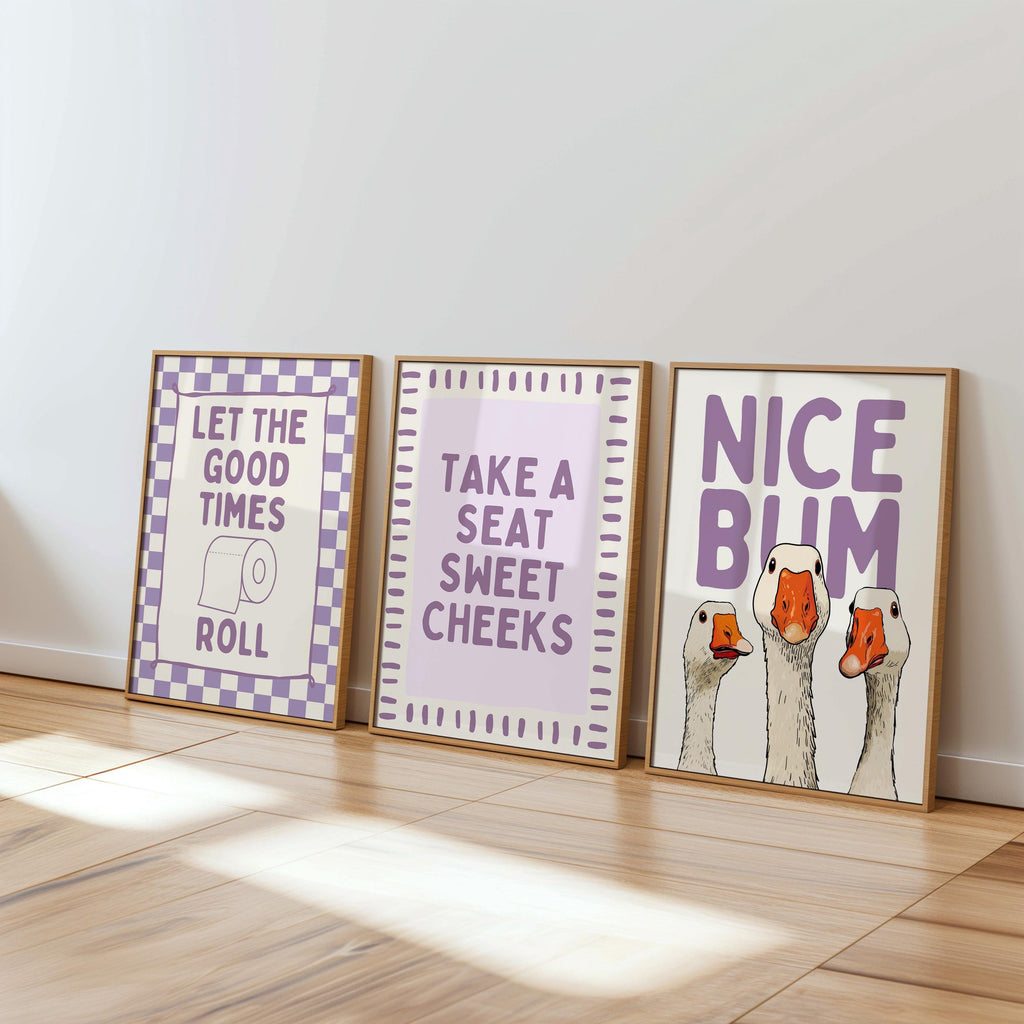 Funny Bathroom Wall Art Set of 9, Nice Bum Goose Print, Lavender Bathroom Decor, Purple Bathroom Signs, Printable Bathroom Gallery Set