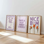 Funny Bathroom Wall Art Set of 9, Nice Bum Goose Print, Lavender Bathroom Decor, Purple Bathroom Signs, Printable Bathroom Gallery Set
