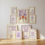 Funny Bathroom Wall Art Set of 9, Nice Bum Goose Print, Lavender Bathroom Decor, Purple Bathroom Signs, Printable Bathroom Gallery Set