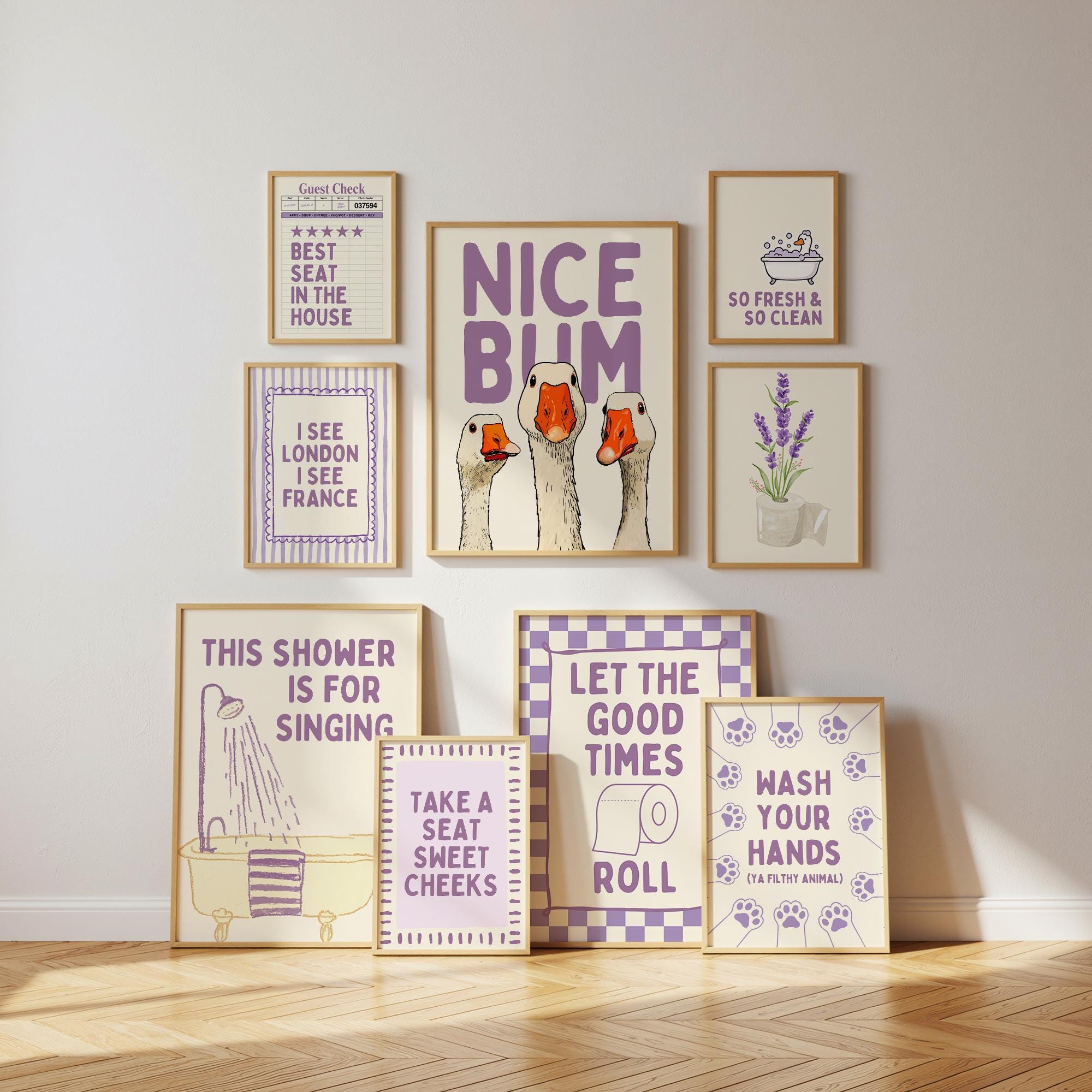 Funny Bathroom Wall Art Set of 9, Nice Bum Goose Print, Lavender Bathroom Decor, Purple Bathroom Signs, Printable Bathroom Gallery Set
