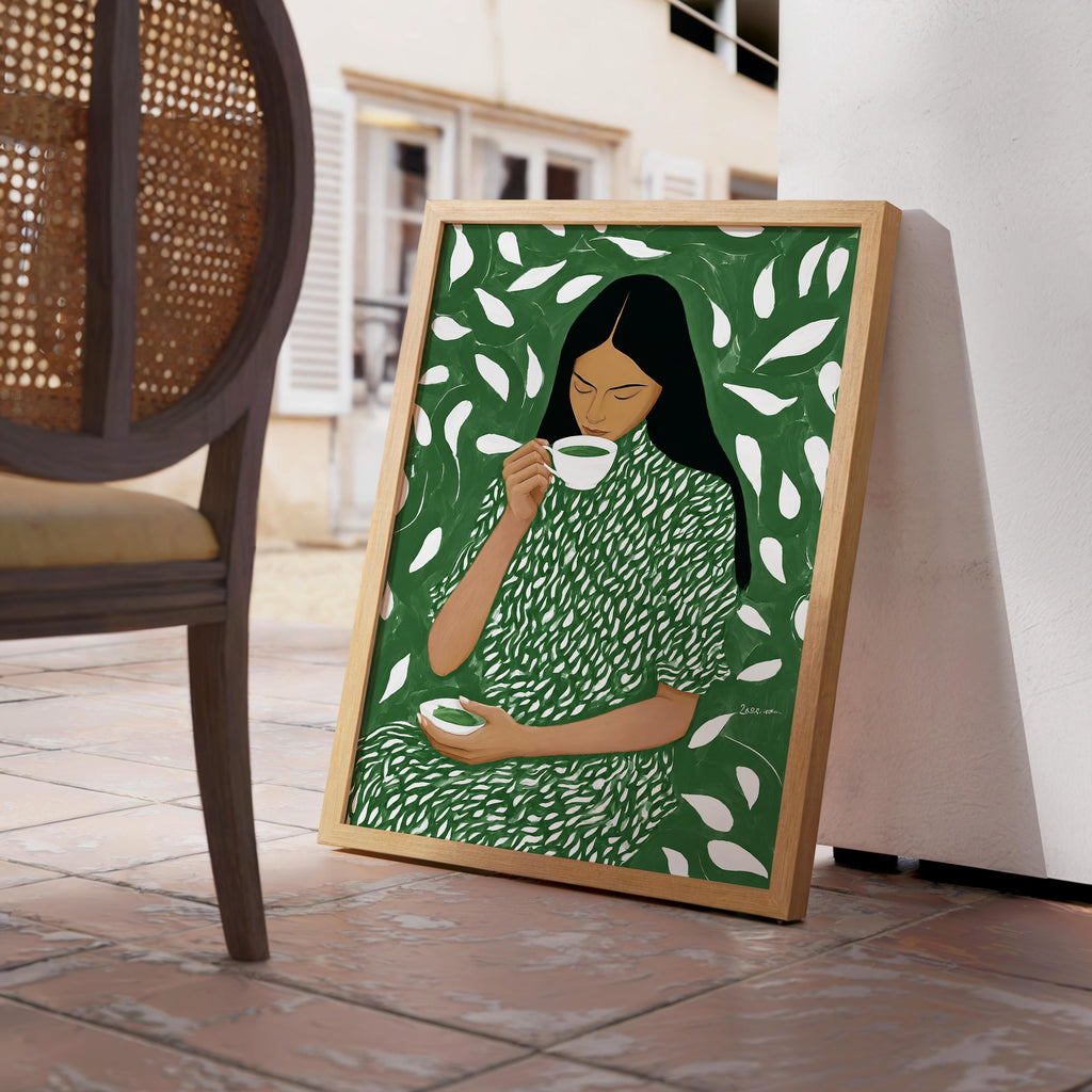 Green Tea Wall Art, Botanical Woman Painting, Modern Figurative Art Print, Green Maximalist Decor, Contemporary Female Portrait, Trendy Art