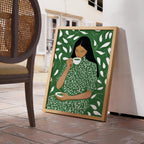 Green Tea Wall Art, Botanical Woman Painting, Modern Figurative Art Print, Green Maximalist Decor, Contemporary Female Portrait, Trendy Art