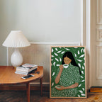 Green Tea Wall Art, Botanical Woman Painting, Modern Figurative Art Print, Green Maximalist Decor, Contemporary Female Portrait, Trendy Art