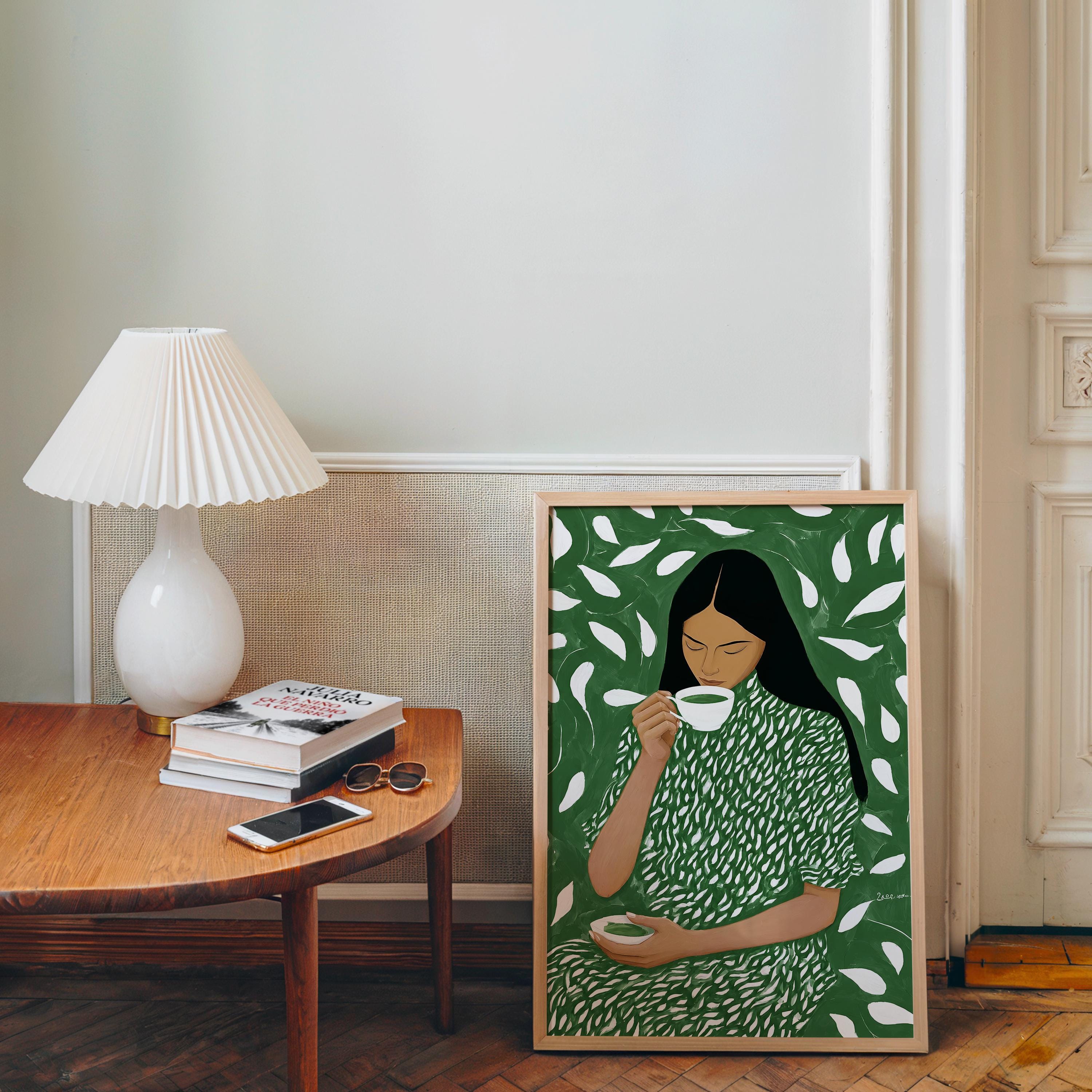 Green Tea Wall Art, Botanical Woman Painting, Modern Figurative Art Print, Green Maximalist Decor, Contemporary Female Portrait, Trendy Art