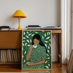 Green Tea Wall Art, Botanical Woman Painting, Modern Figurative Art Print, Green Maximalist Decor, Contemporary Female Portrait, Trendy Art