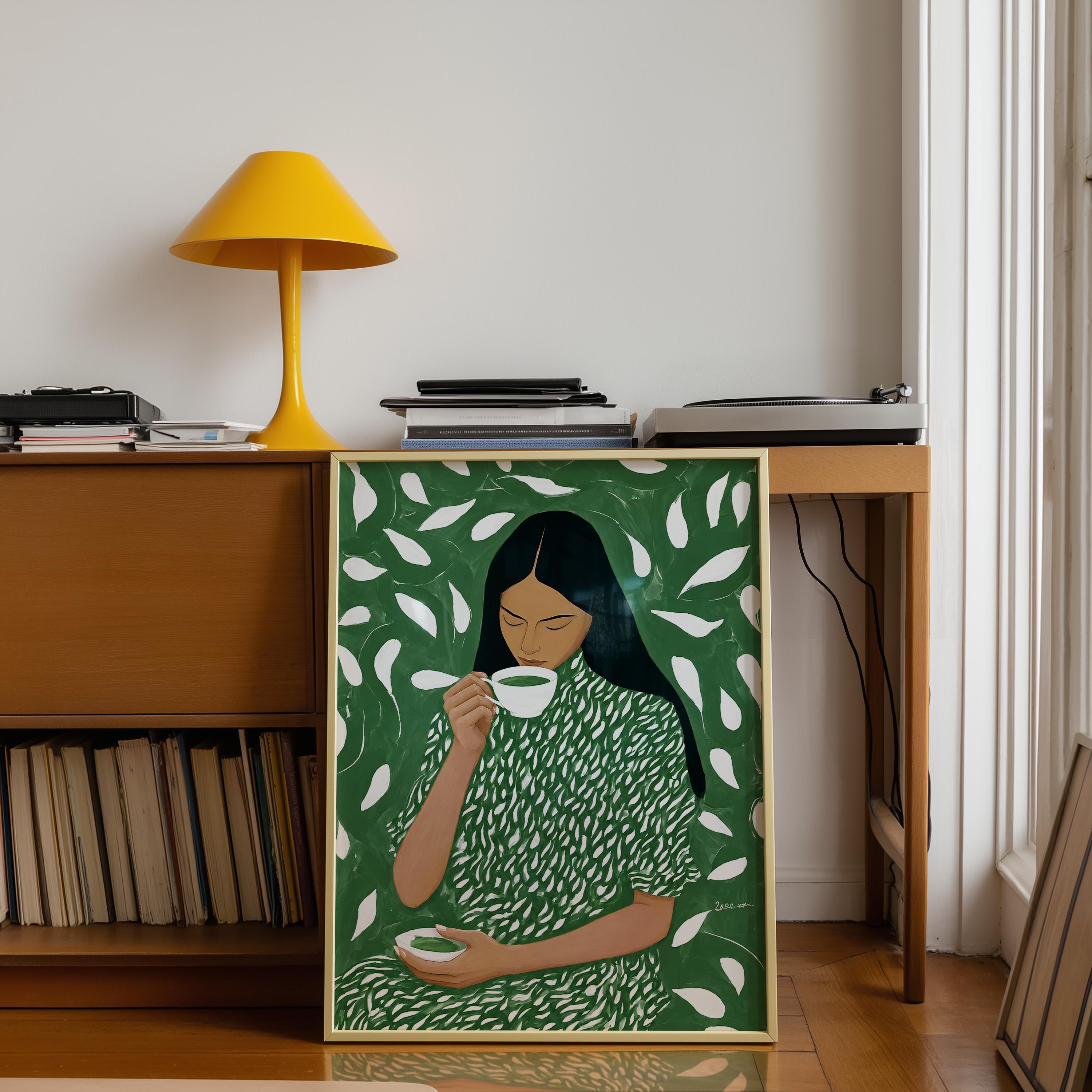 Green Tea Wall Art, Botanical Woman Painting, Modern Figurative Art Print, Green Maximalist Decor, Contemporary Female Portrait, Trendy Art