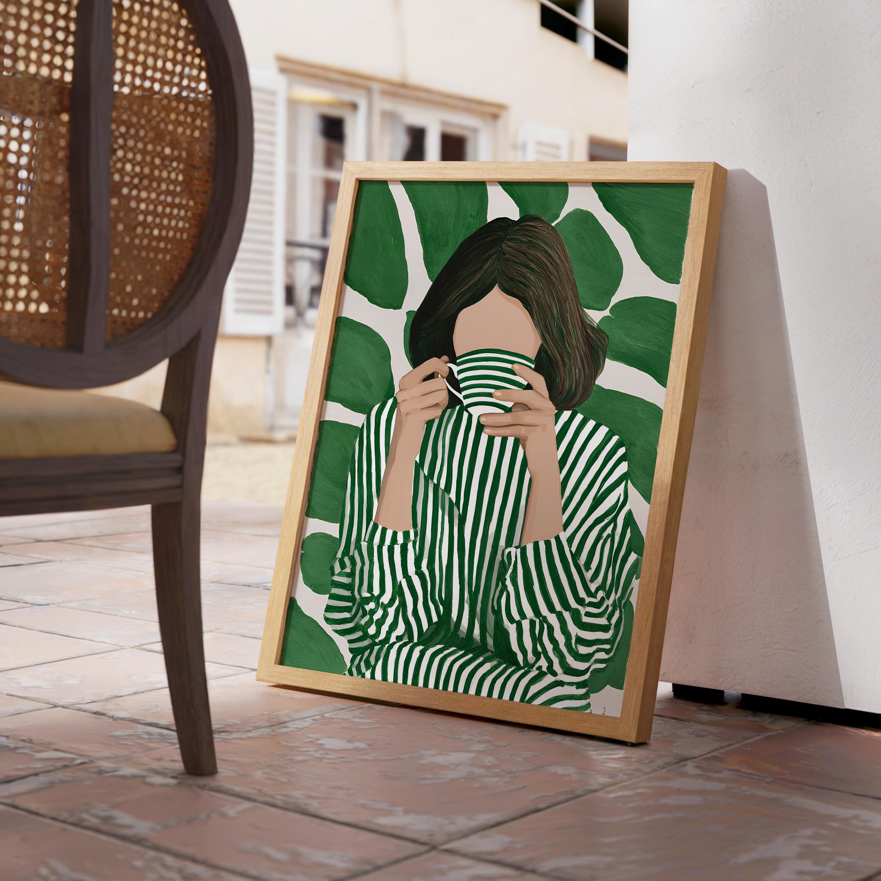 Green Botanical Wall Art, Modern Figurative Art Print, Abstract Woman Painting, Contemporary Portrait Poster, Maximalist Green Decor, Trendy