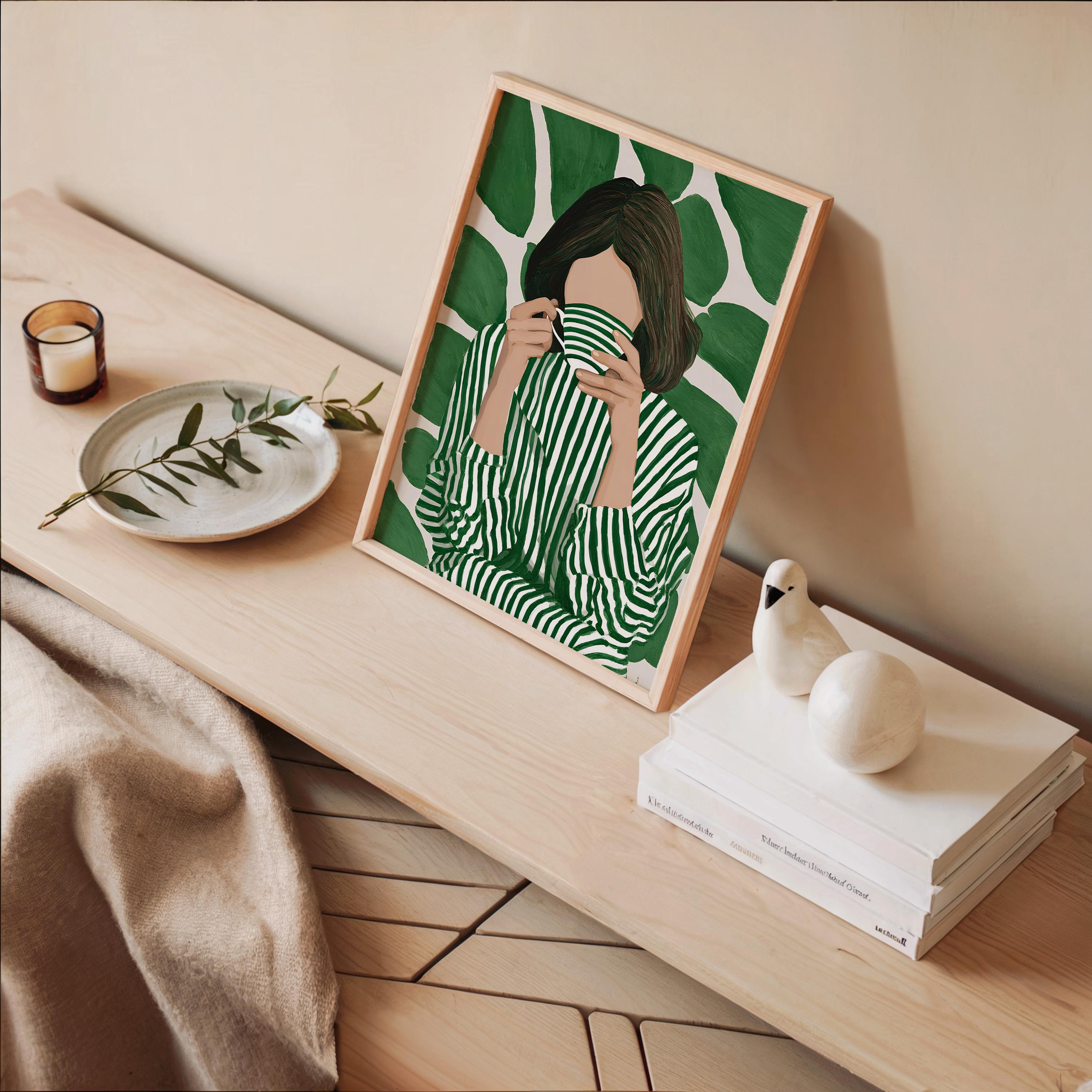 Green Botanical Wall Art, Modern Figurative Art Print, Abstract Woman Painting, Contemporary Portrait Poster, Maximalist Green Decor, Trendy