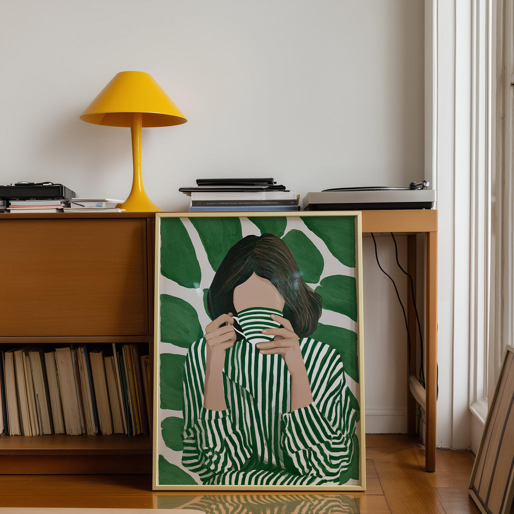 Green Botanical Wall Art, Modern Figurative Art Print, Abstract Woman Painting, Contemporary Portrait Poster, Maximalist Green Decor, Trendy