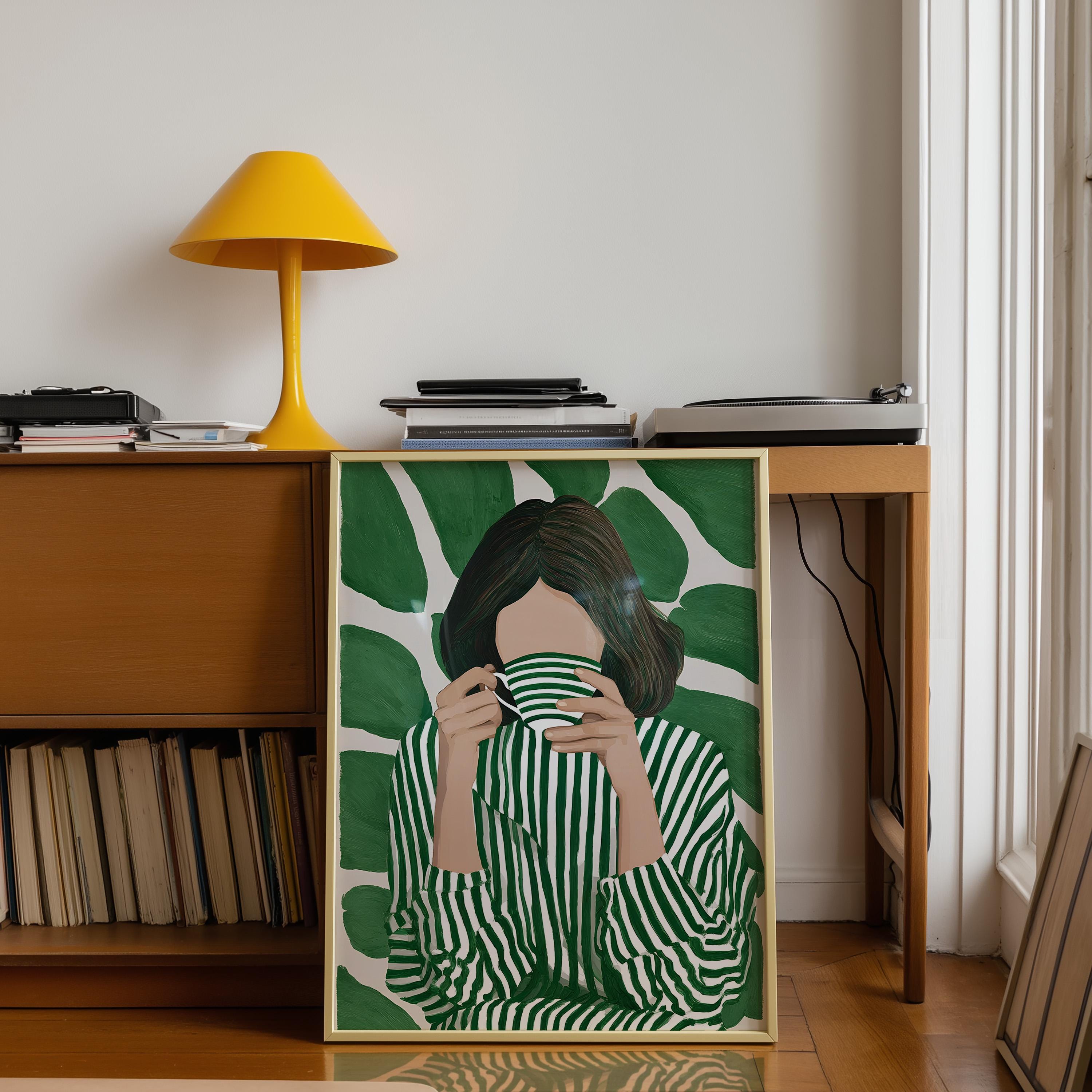 Green Botanical Wall Art, Modern Figurative Art Print, Abstract Woman Painting, Contemporary Portrait Poster, Maximalist Green Decor, Trendy