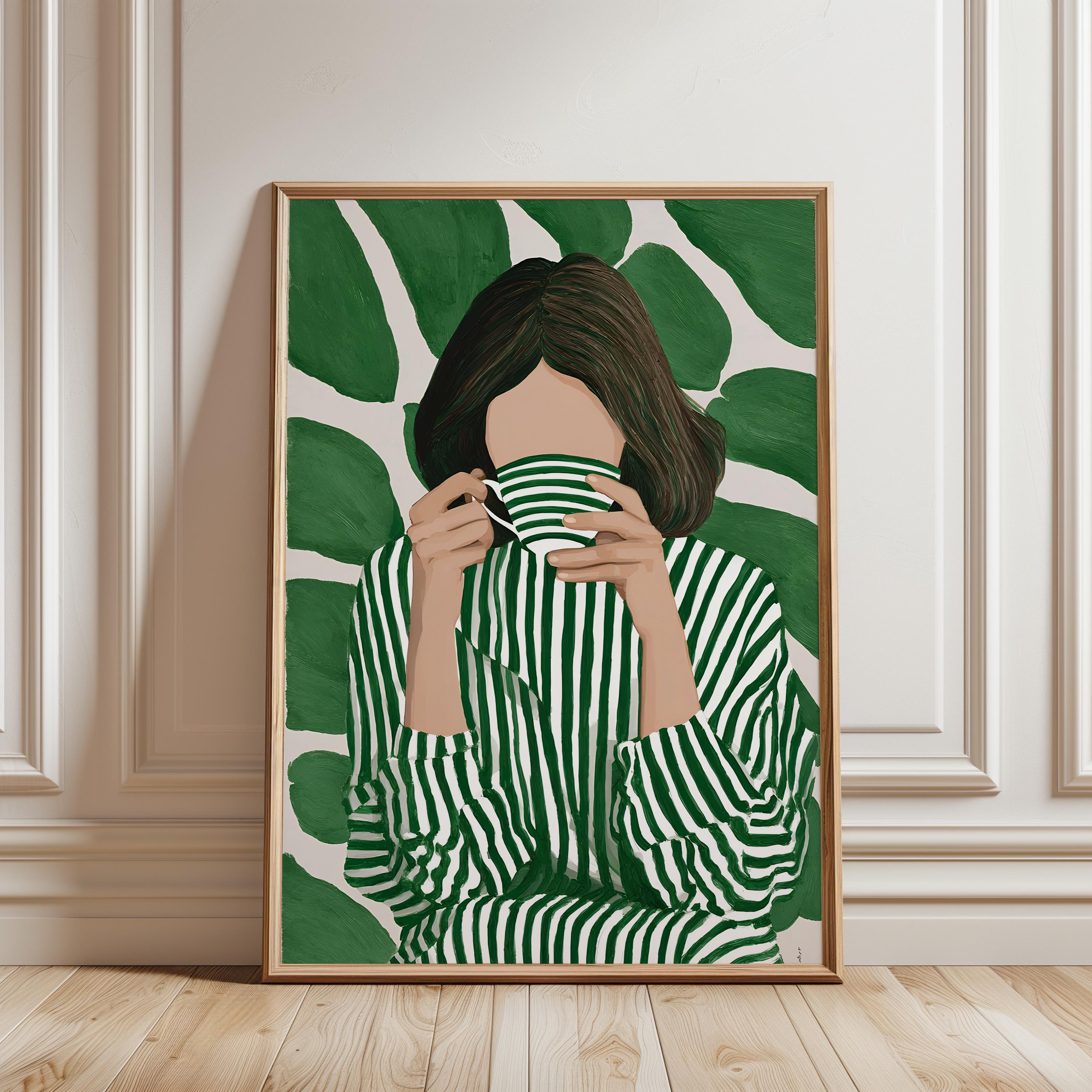 Green Botanical Wall Art, Modern Figurative Art Print, Abstract Woman Painting, Contemporary Portrait Poster, Maximalist Green Decor, Trendy