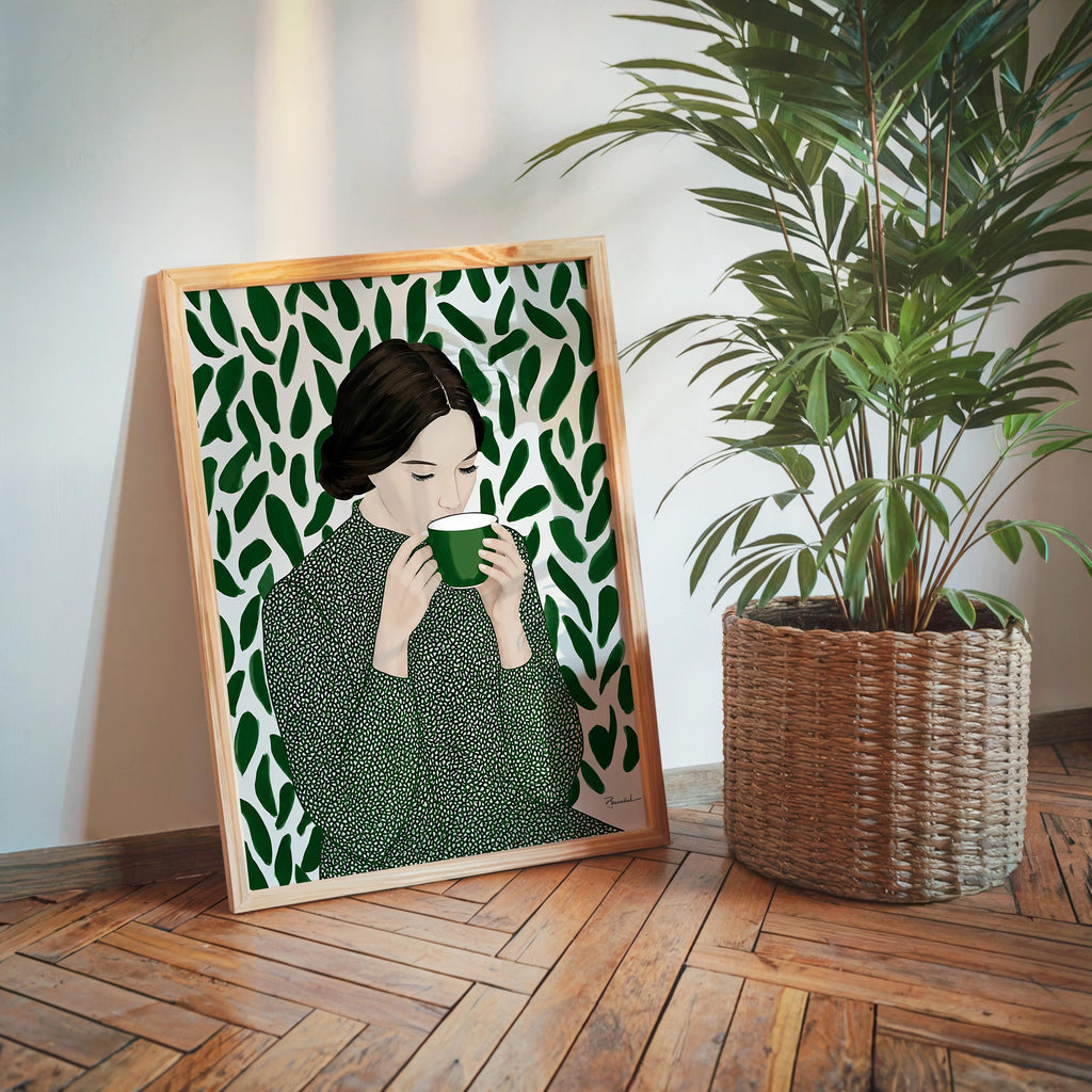 Green Tea Wall Art, Botanical Woman Painting, Coffee Lover Decor, Modern Figurative Art Print, Contemporary Female Portrait, Trendy Print