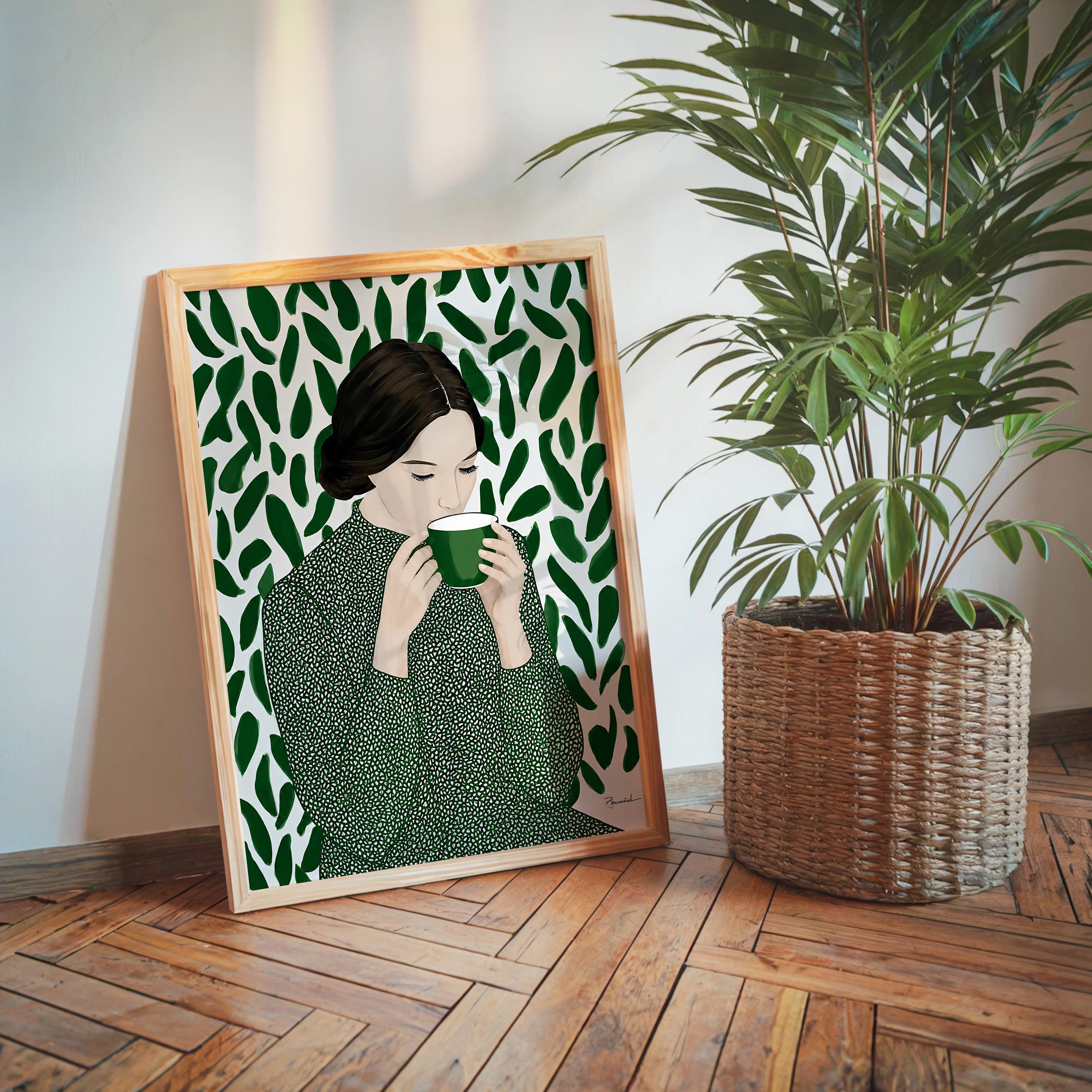 Green Tea Wall Art, Botanical Woman Painting, Coffee Lover Decor, Modern Figurative Art Print, Contemporary Female Portrait, Trendy Print