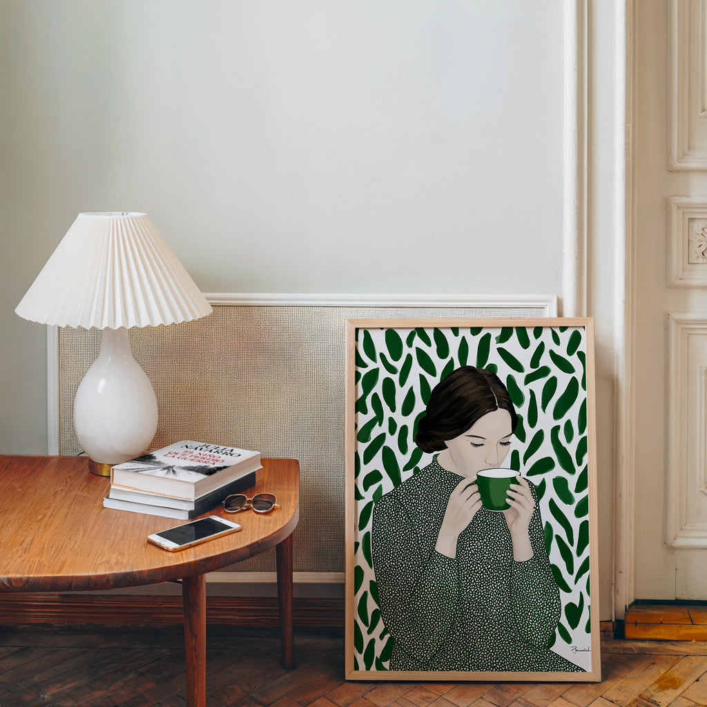 Green Tea Wall Art, Botanical Woman Painting, Coffee Lover Decor, Modern Figurative Art Print, Contemporary Female Portrait, Trendy Print