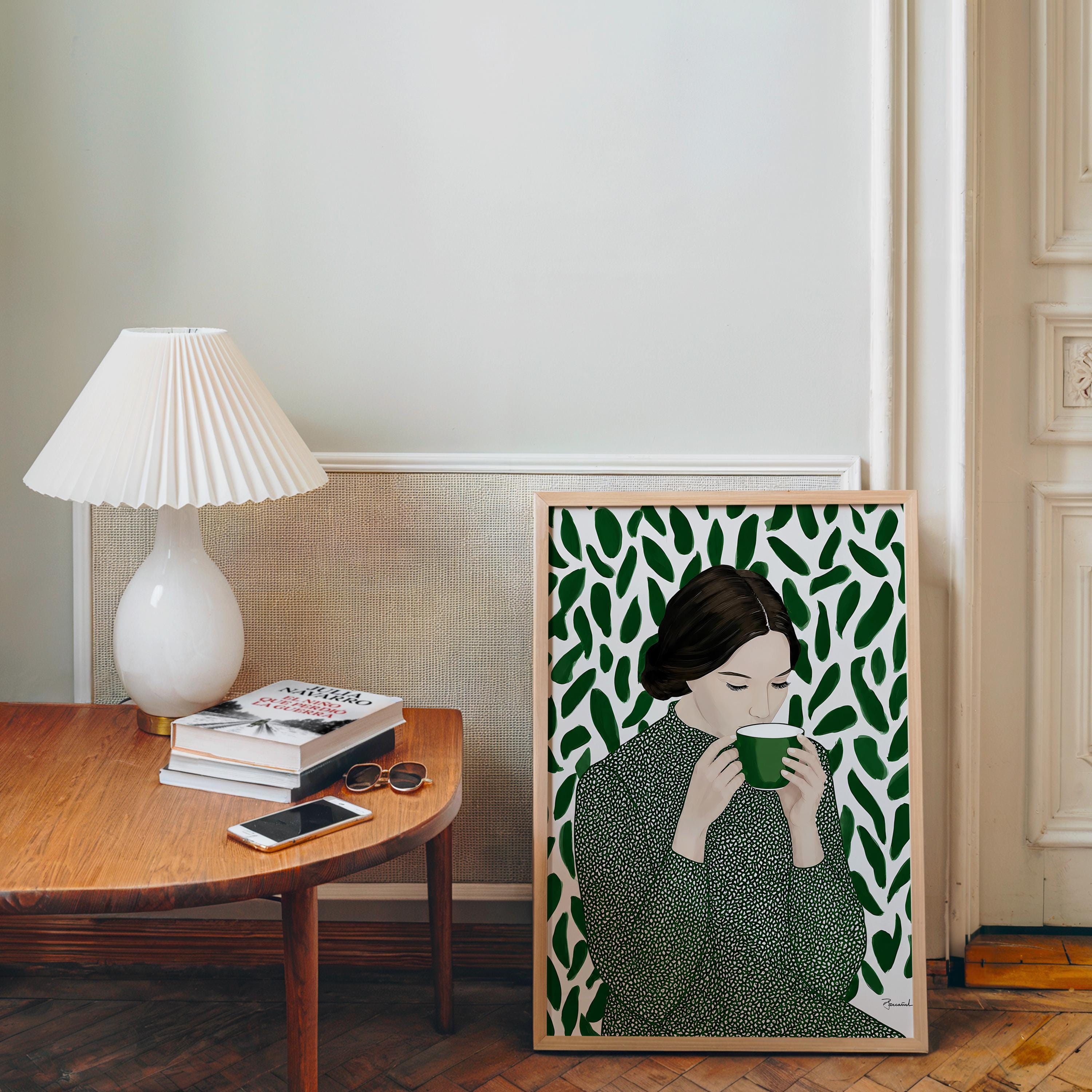 Green Tea Wall Art, Botanical Woman Painting, Coffee Lover Decor, Modern Figurative Art Print, Contemporary Female Portrait, Trendy Print