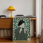 Green Tea Wall Art, Botanical Woman Painting, Coffee Lover Decor, Modern Figurative Art Print, Contemporary Female Portrait, Trendy Print