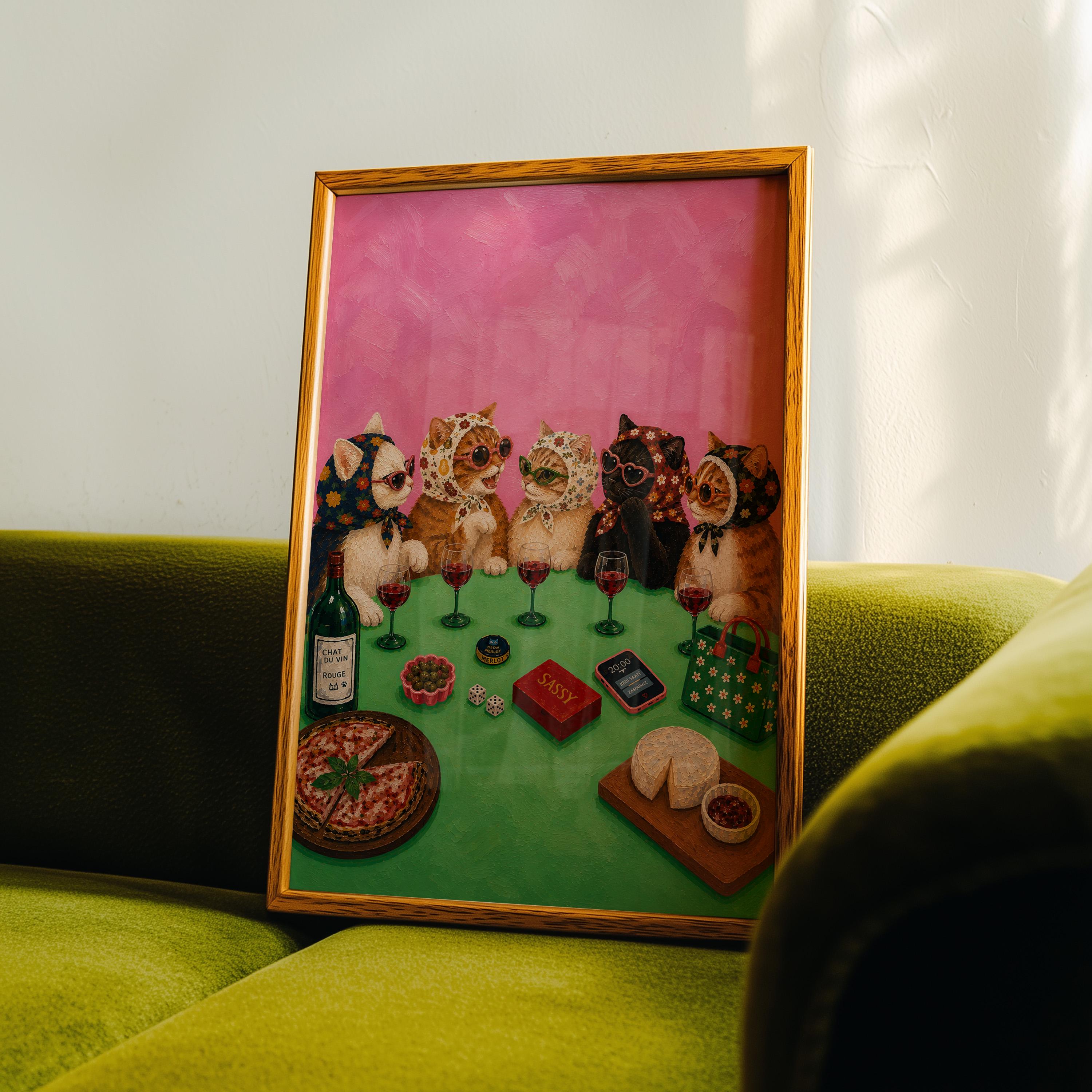 Sassy Cat Wine Night Wall Art, Funny Cat Painting Print, Coquette Cat Decor, Maximalist Pink Kitchen Art, Girls Night Poster, Trendy Print