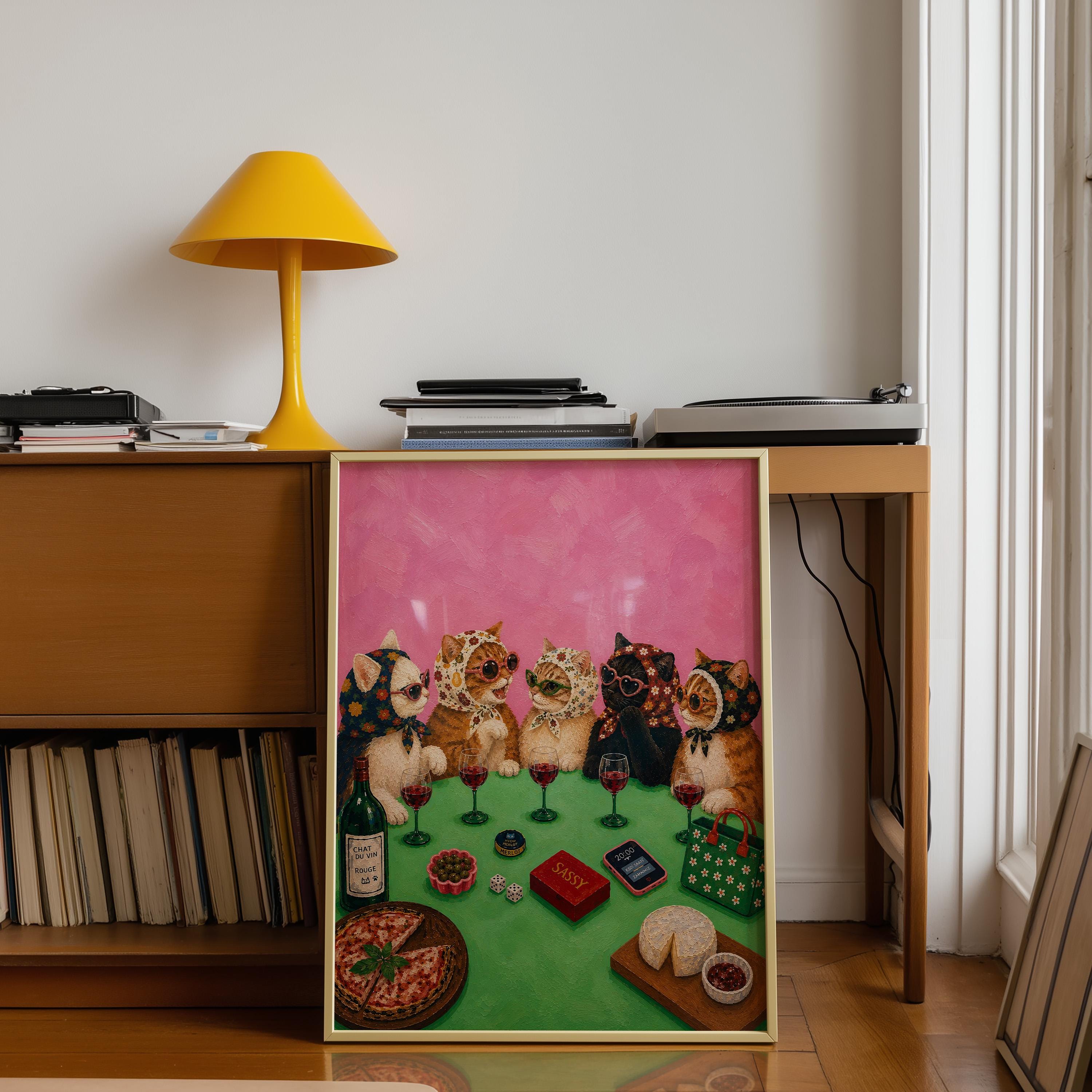 Sassy Cat Wine Night Wall Art, Funny Cat Painting Print, Coquette Cat Decor, Maximalist Pink Kitchen Art, Girls Night Poster, Trendy Print