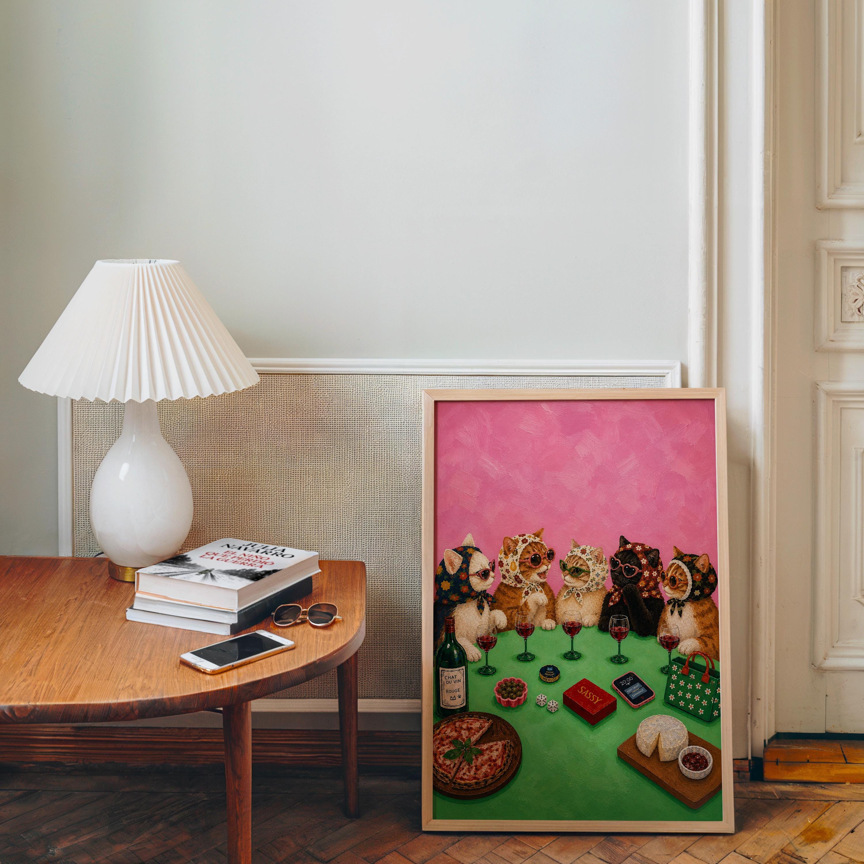 Sassy Cat Wine Night Wall Art, Funny Cat Painting Print, Coquette Cat Decor, Maximalist Pink Kitchen Art, Girls Night Poster, Trendy Print