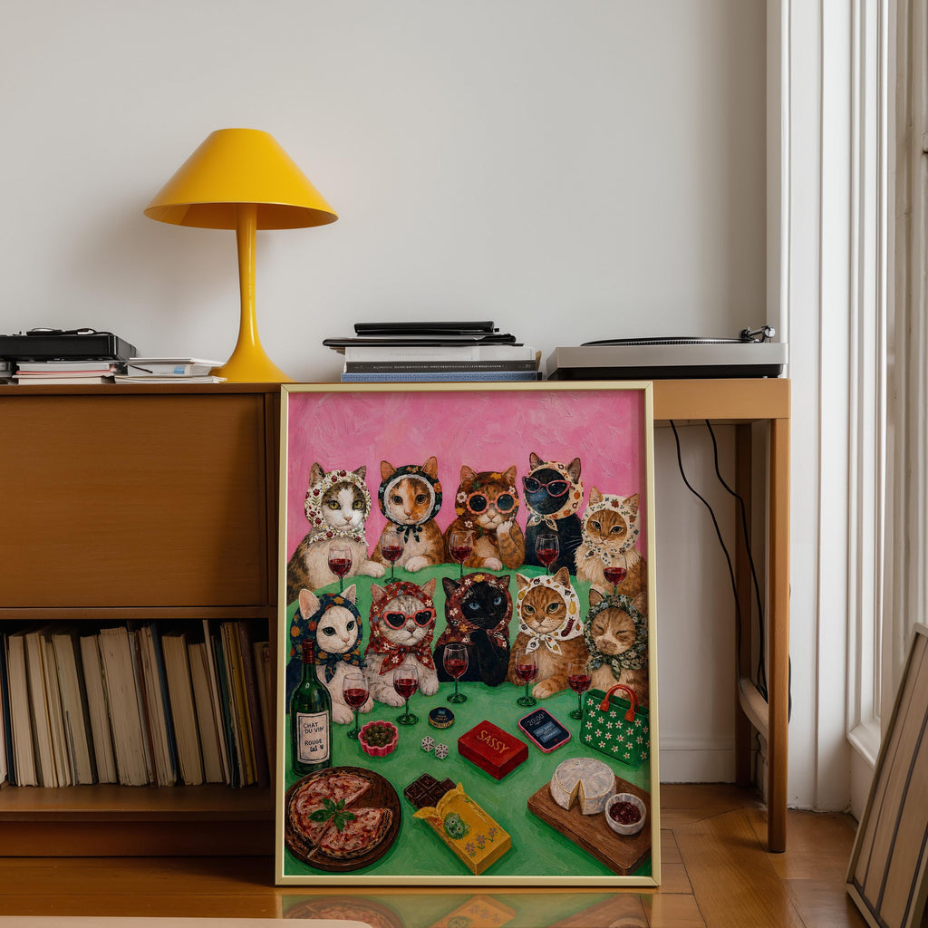 Sassy Cat Wine Party Wall Art, Funny Cat Painting, Maximalist Coquette Decor, Girls Night Cat Poster, Pink Gallery Wall Art, Trendy Print