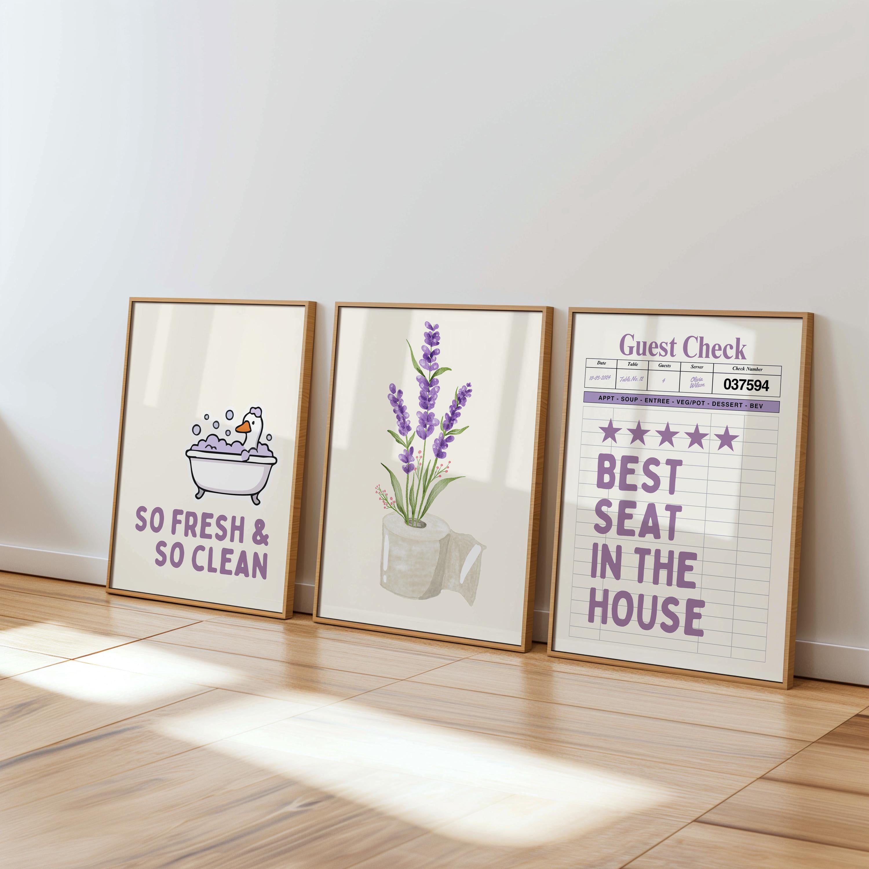 Funny Bathroom Wall Art Set of 9, Nice Bum Goose Print, Lavender Bathroom Decor, Purple Bathroom Signs, Printable Bathroom Gallery Set
