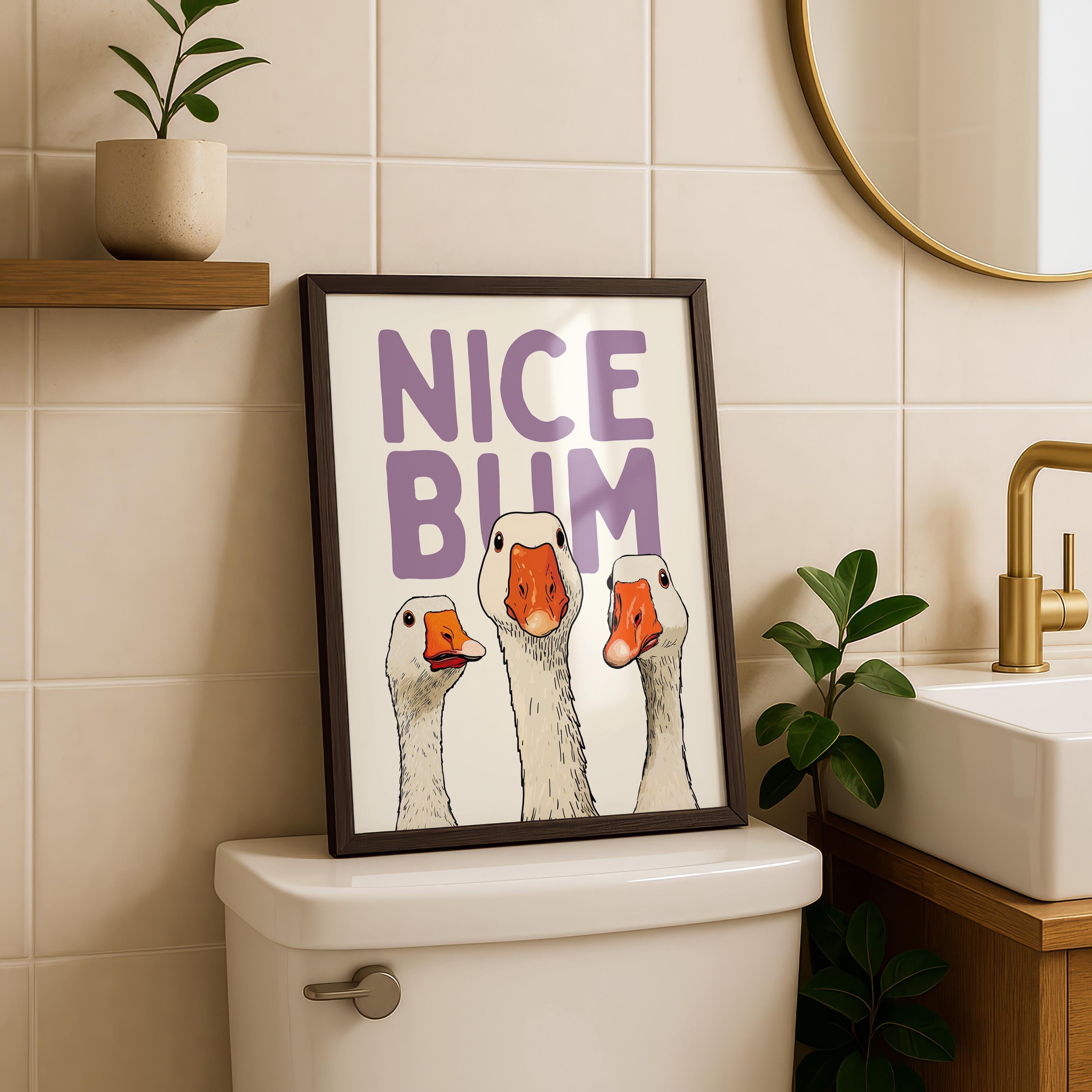 Funny Bathroom Wall Art Set of 9, Nice Bum Goose Print, Lavender Bathroom Decor, Purple Bathroom Signs, Printable Bathroom Gallery Set