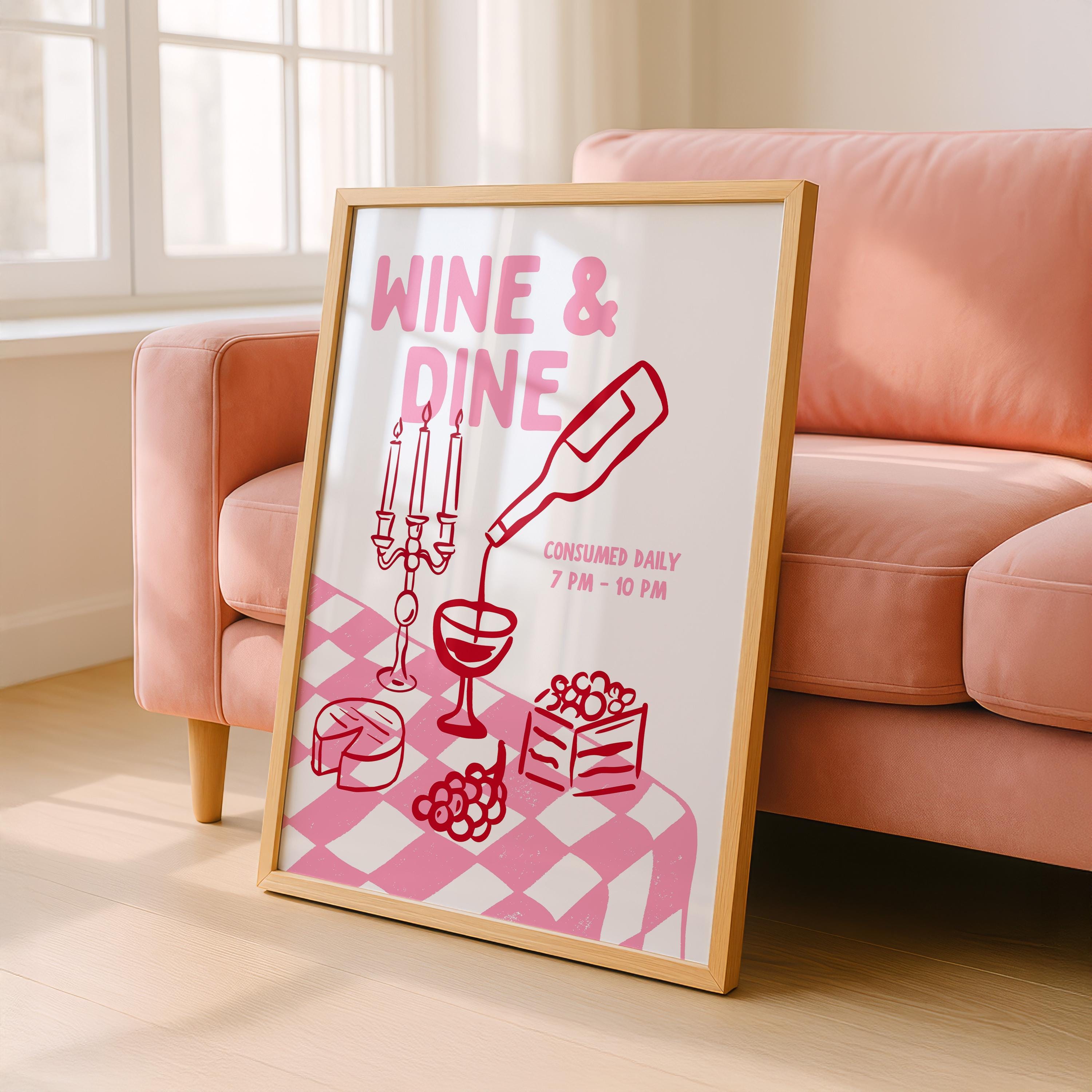 Pink Kitchen Wall Art Set of 12, Coquette Kitchen Decor, Pasta Lover Club Prints, Wine and Dine Poster Set, Girly Kitchen Gallery Wall