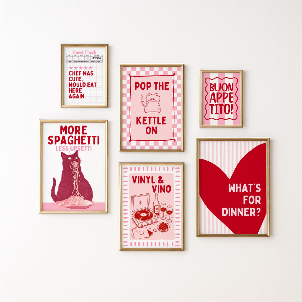Pink Kitchen Wall Art Set of 12, Coquette Kitchen Decor, Pasta Lover Club Prints, Wine and Dine Poster Set, Girly Kitchen Gallery Wall
