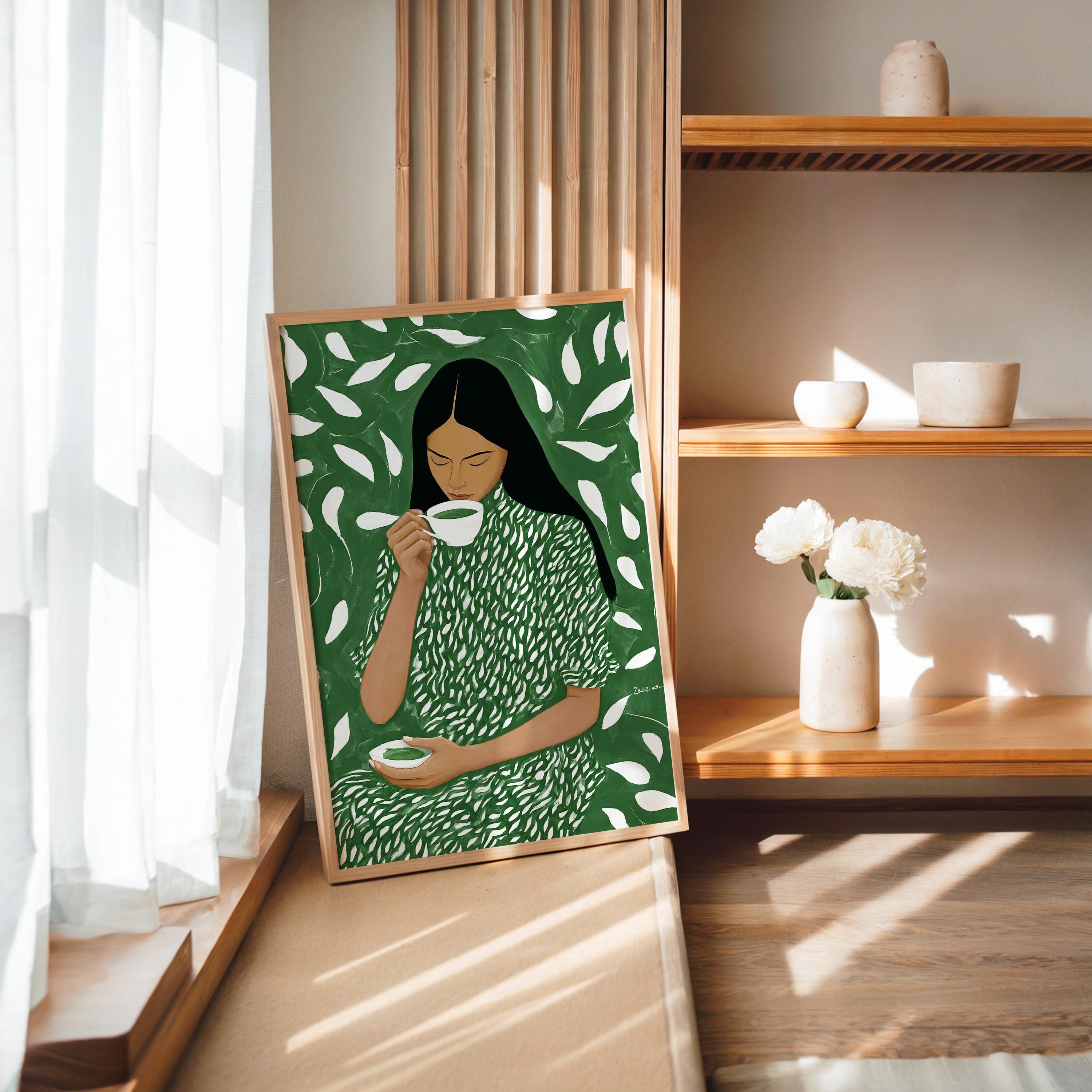 Green Tea Wall Art, Botanical Woman Painting, Modern Figurative Art Print, Green Maximalist Decor, Contemporary Female Portrait, Trendy Art