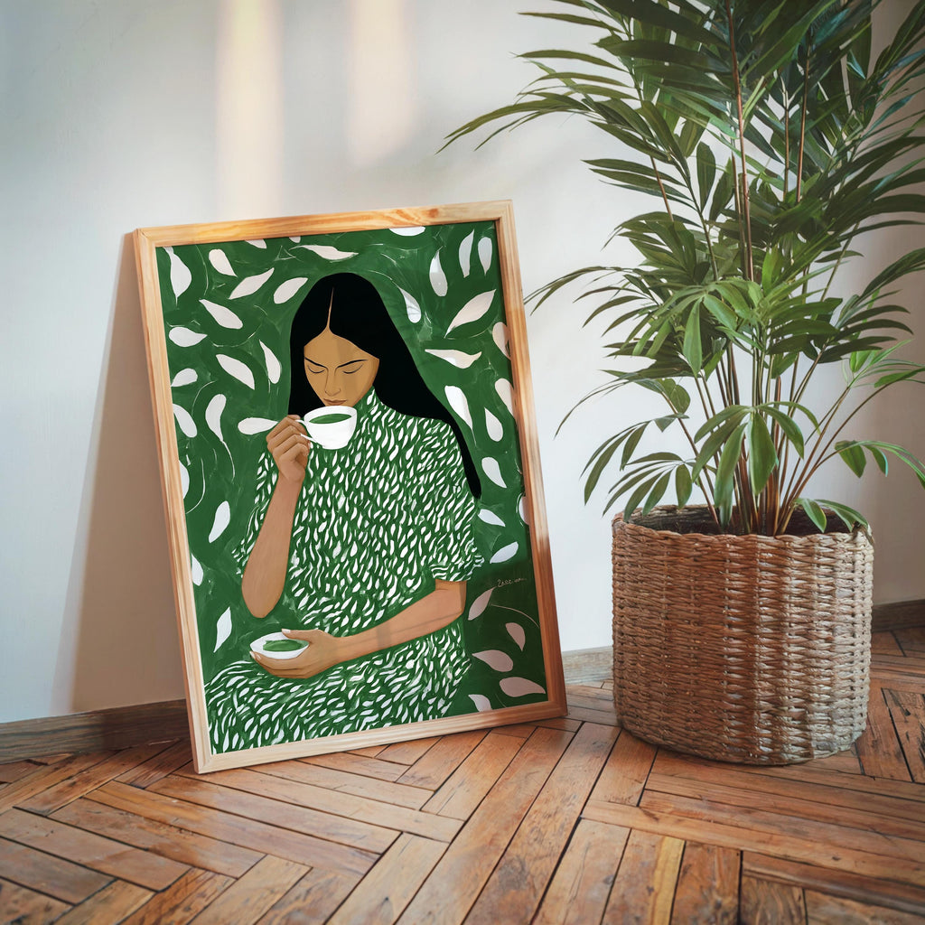 Green Tea Wall Art, Botanical Woman Painting, Modern Figurative Art Print, Green Maximalist Decor, Contemporary Female Portrait, Trendy Art