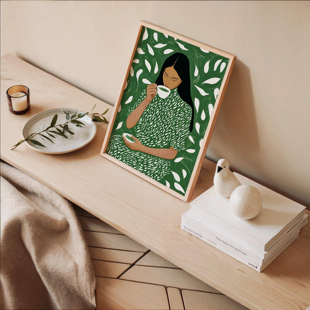 Green Tea Wall Art, Botanical Woman Painting, Modern Figurative Art Print, Green Maximalist Decor, Contemporary Female Portrait, Trendy Art