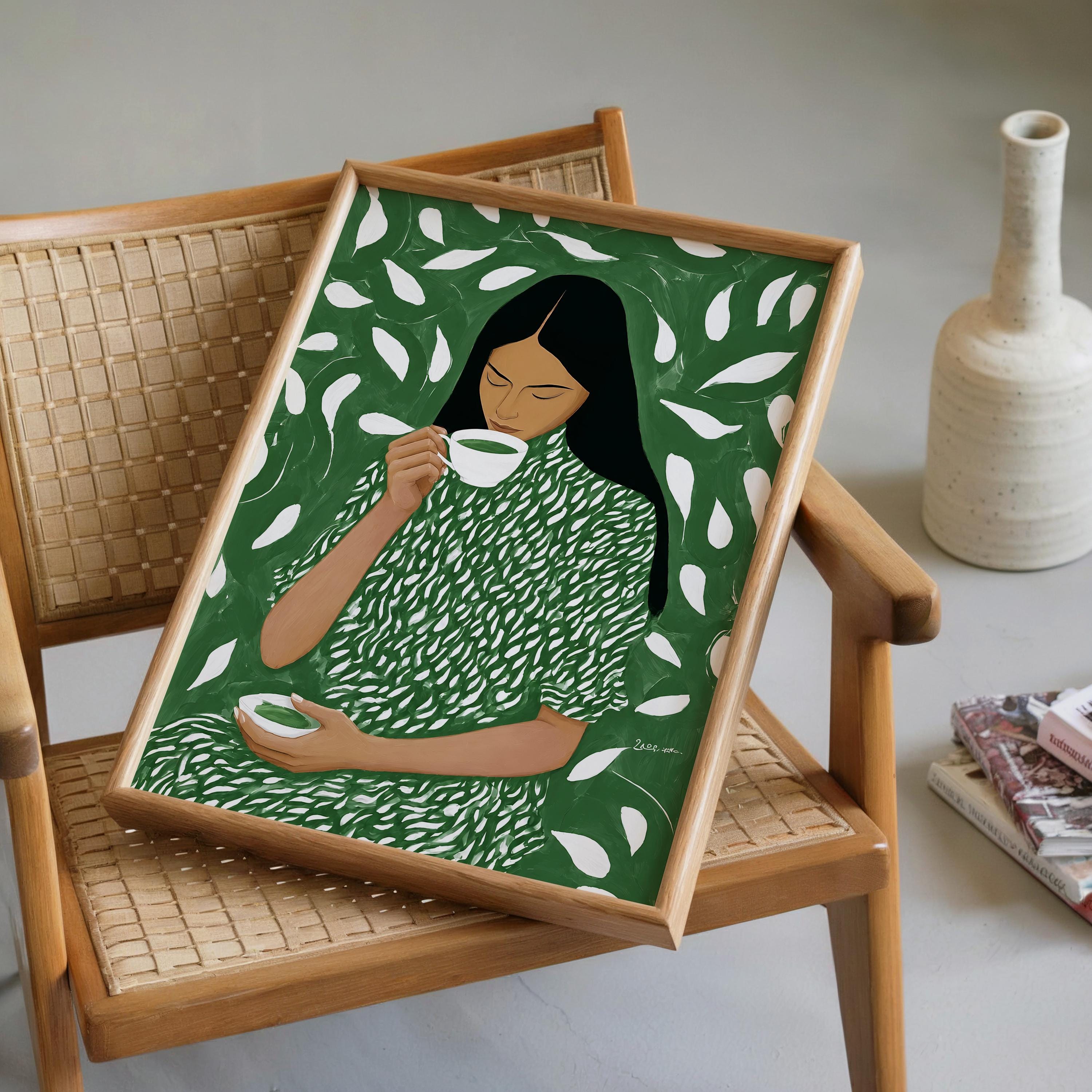 Green Tea Wall Art, Botanical Woman Painting, Modern Figurative Art Print, Green Maximalist Decor, Contemporary Female Portrait, Trendy Art